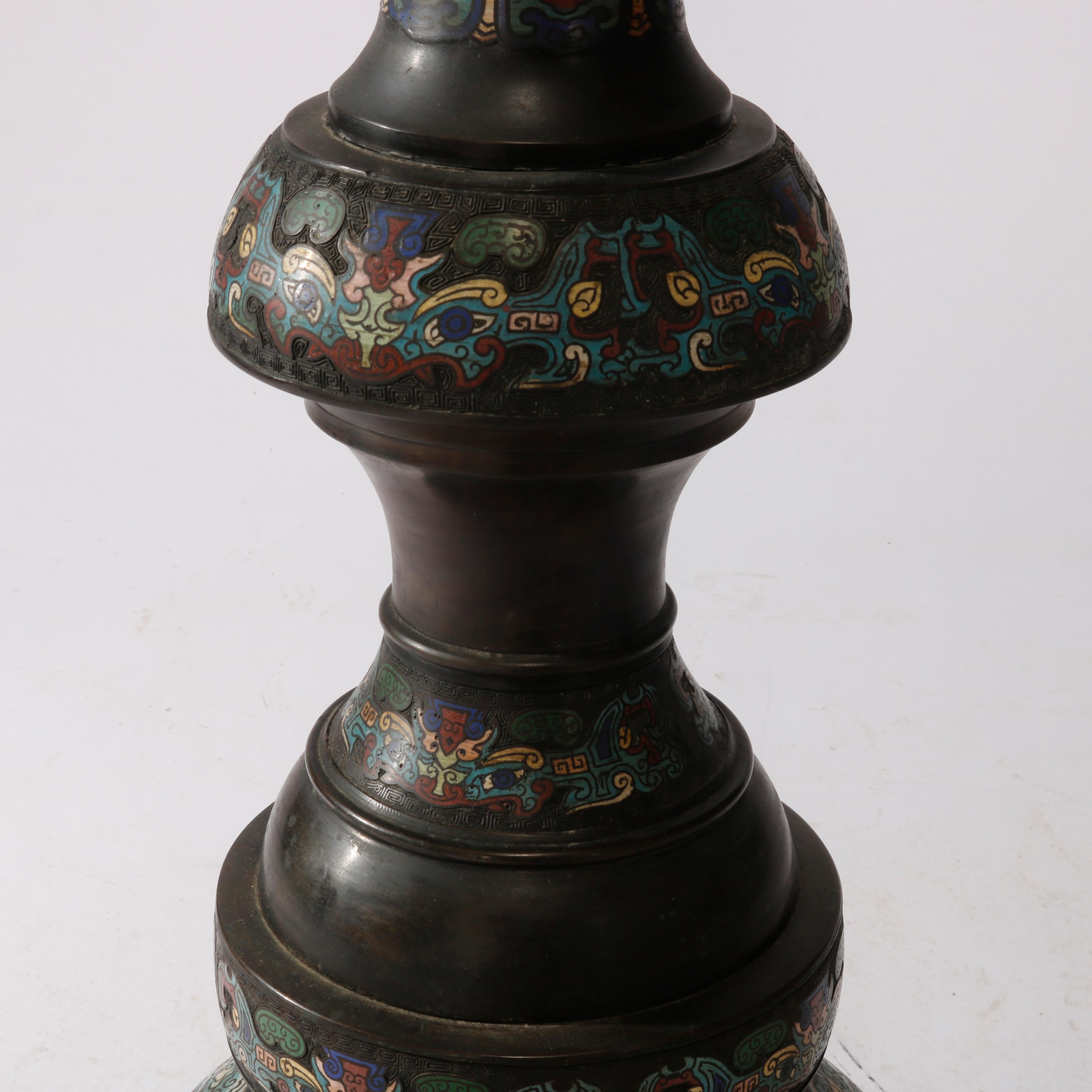 Rare Antique Chinese Bronze & Cloisonne Oil Floor Lamp, Dragon Motif, c1890 11