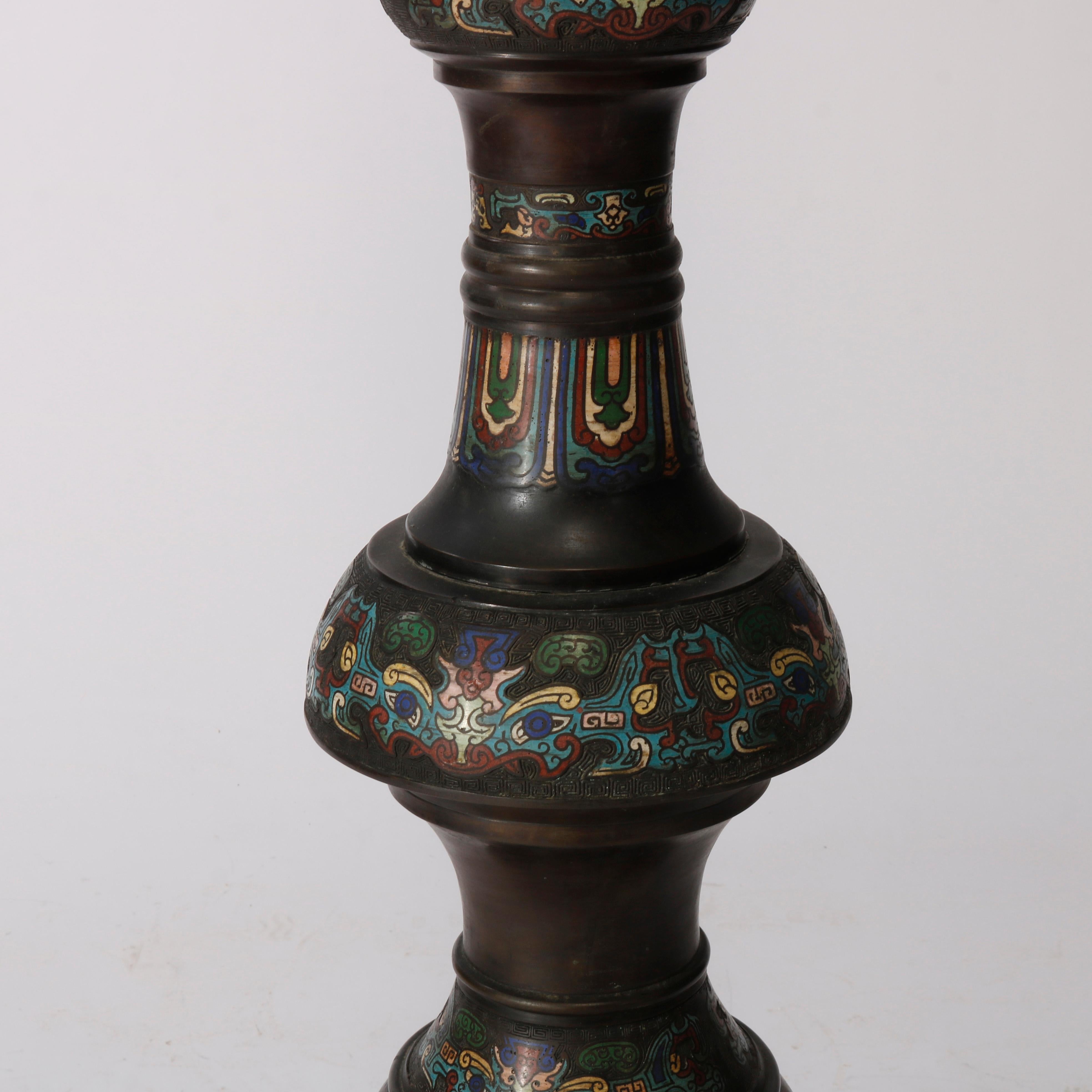 Champlevé Rare Antique Chinese Bronze & Cloisonne Oil Floor Lamp, Dragon Motif, c1890