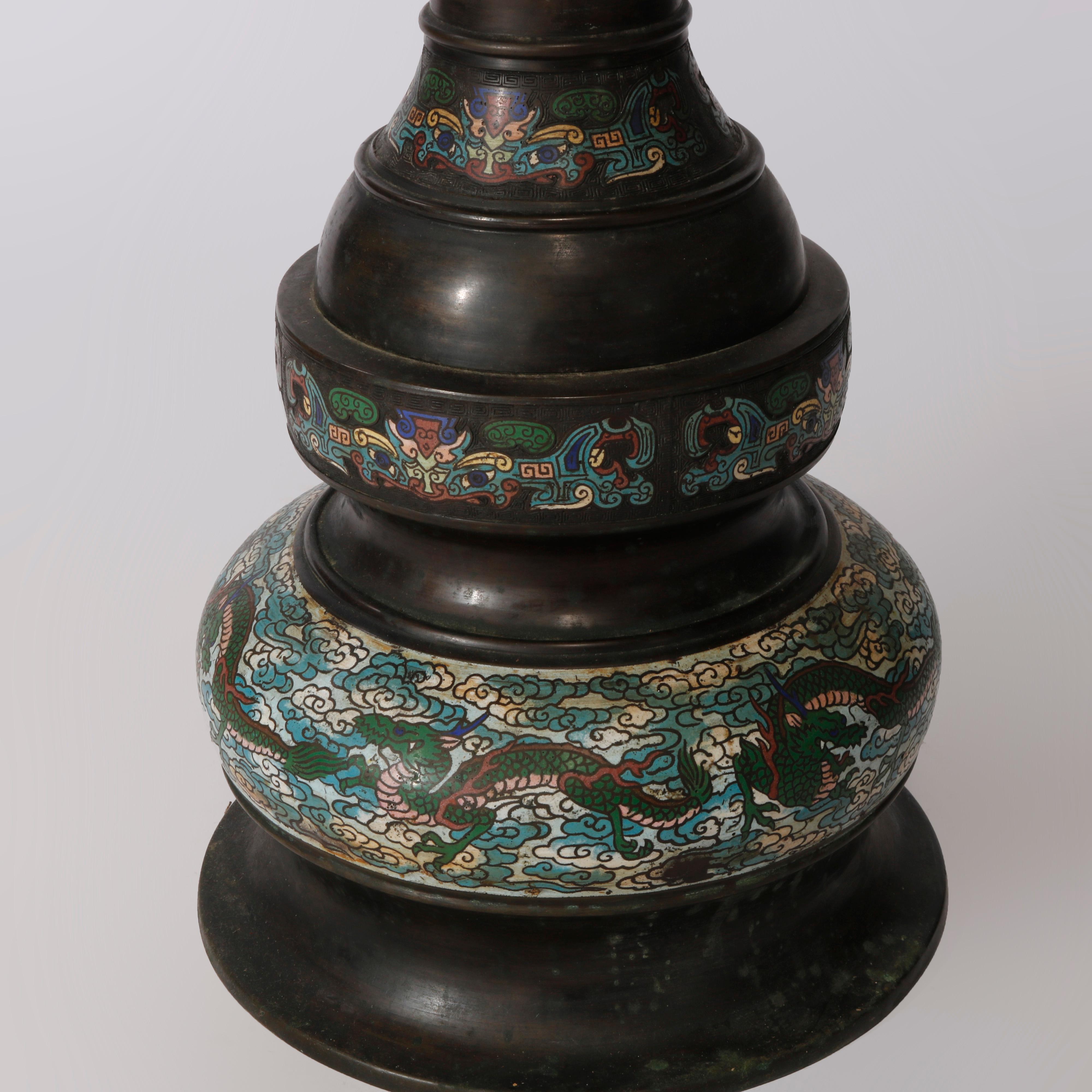 Rare Antique Chinese Bronze & Cloisonne Oil Floor Lamp, Dragon Motif, c1890 In Good Condition In Big Flats, NY