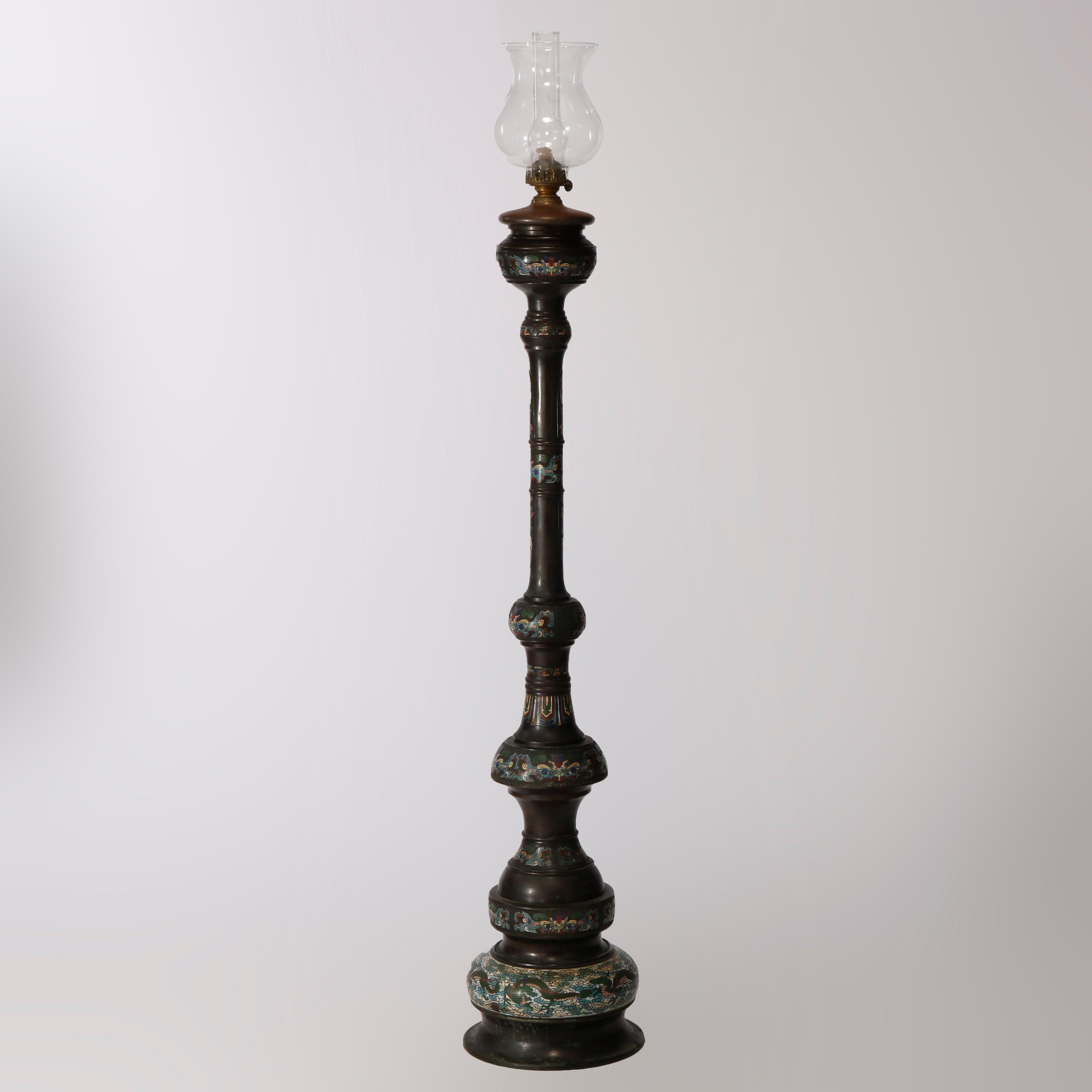 19th Century Rare Antique Chinese Bronze & Cloisonne Oil Floor Lamp, Dragon Motif, c1890