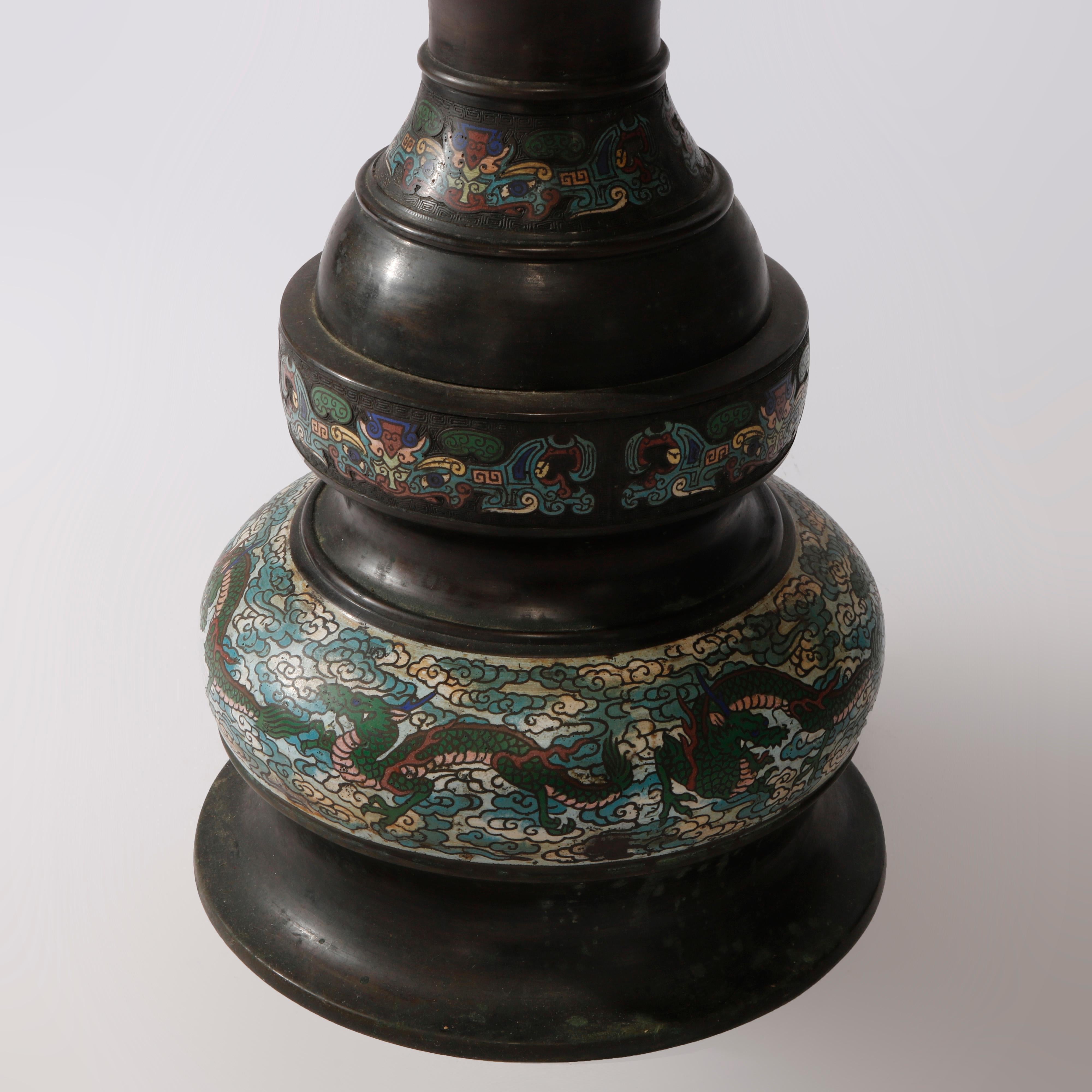 Rare Antique Chinese Bronze & Cloisonne Oil Floor Lamp, Dragon Motif, c1890 1