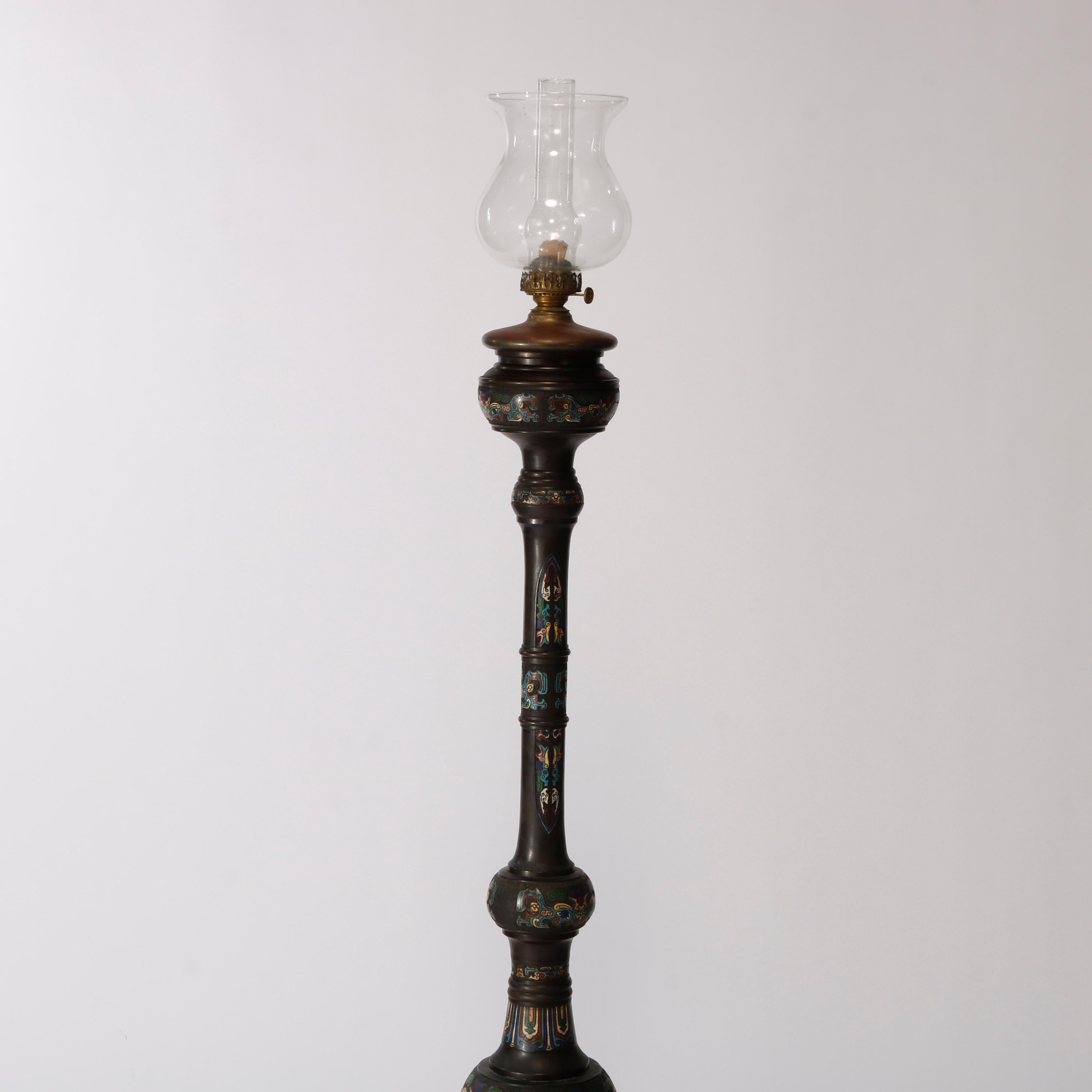 Rare Antique Chinese Bronze & Cloisonne Oil Floor Lamp, Dragon Motif, c1890 2