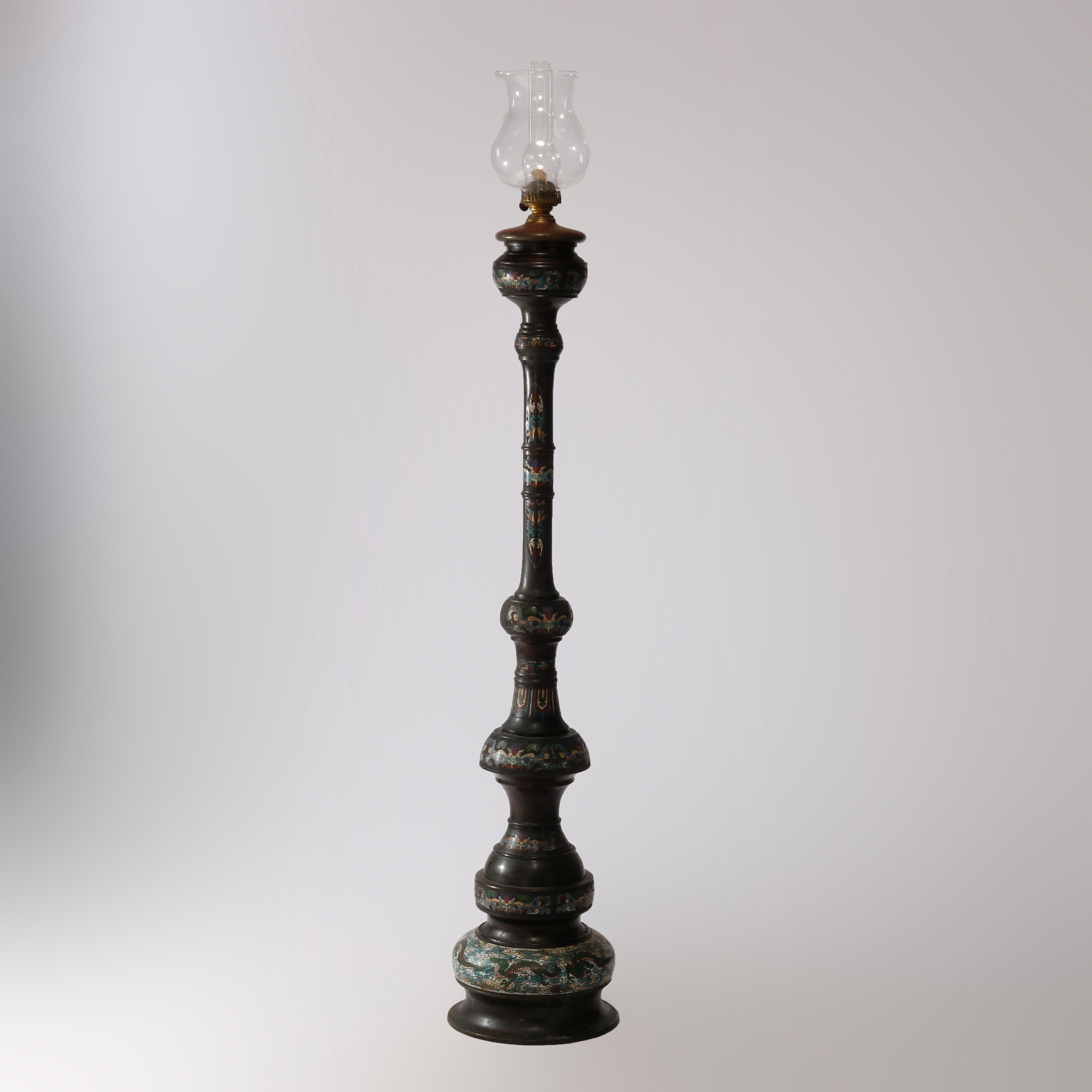 Rare Antique Chinese Bronze & Cloisonne Oil Floor Lamp, Dragon Motif, c1890 3