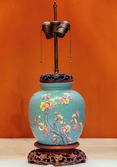 Rare Antique Chinese Carved Pottery Lamp with Carved Wood Base and Canopy