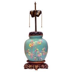 Rare Antique Chinese Carved Pottery Lamp with Carved Wood Base and Canopy