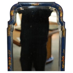 RARO SPECCHIO ANTICO CINESE CINOISERIE BLU CON QUADRI ORNATI A MANO