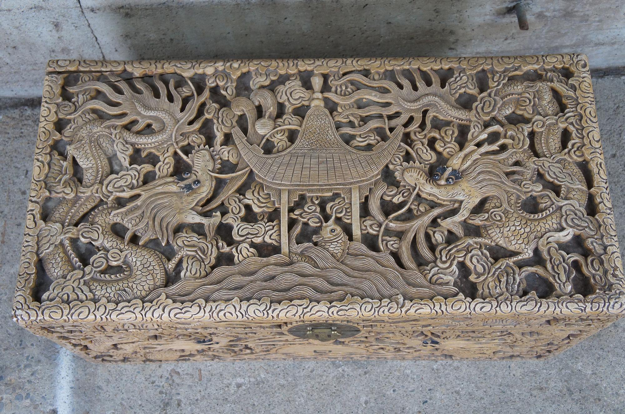 20th Century Rare Antique Chinese Chinoiserie Carved Dragon High Relief Camphor Chest Trunk