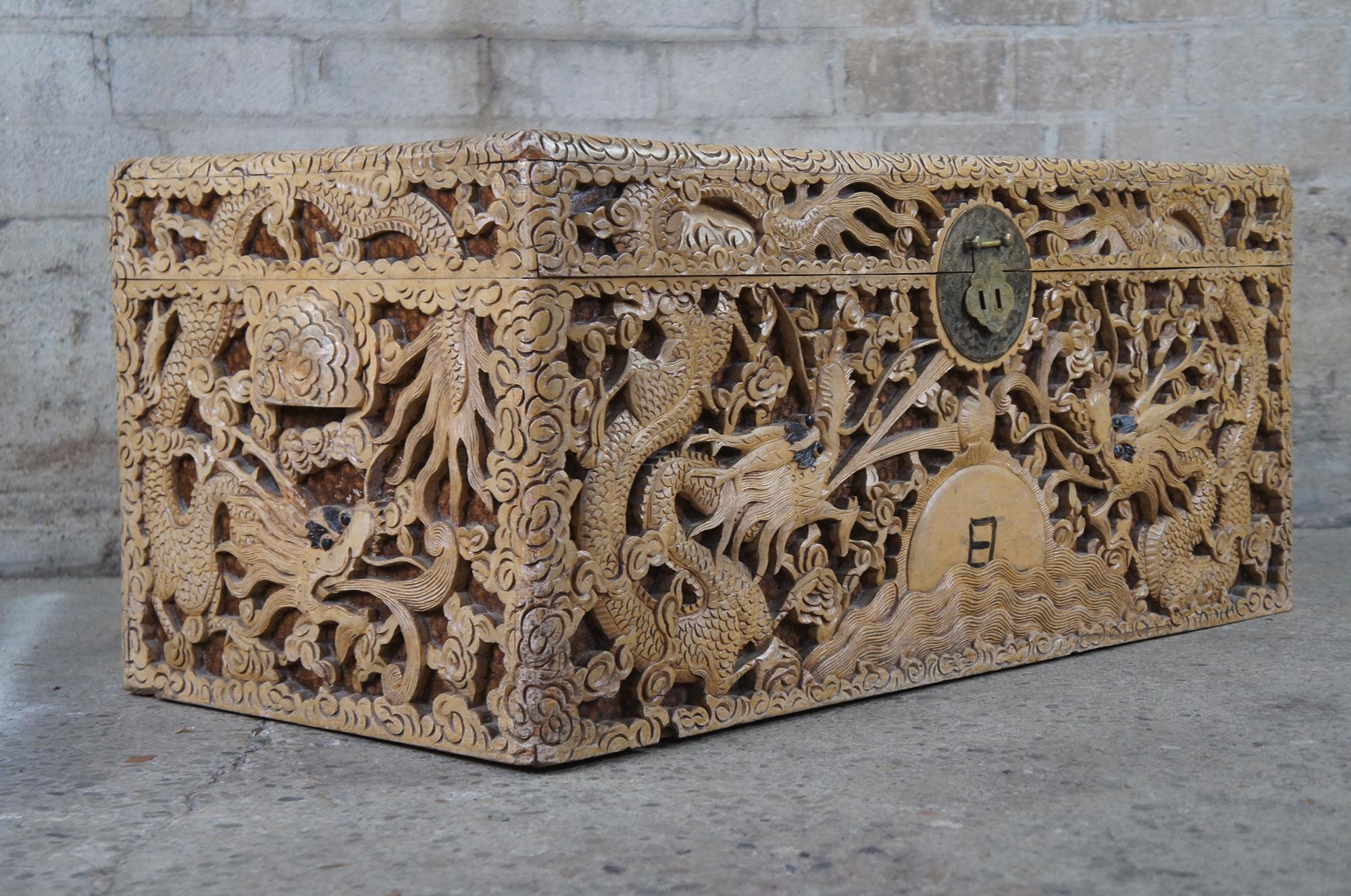 Hardwood Rare Antique Chinese Chinoiserie Carved Dragon High Relief Camphor Chest Trunk