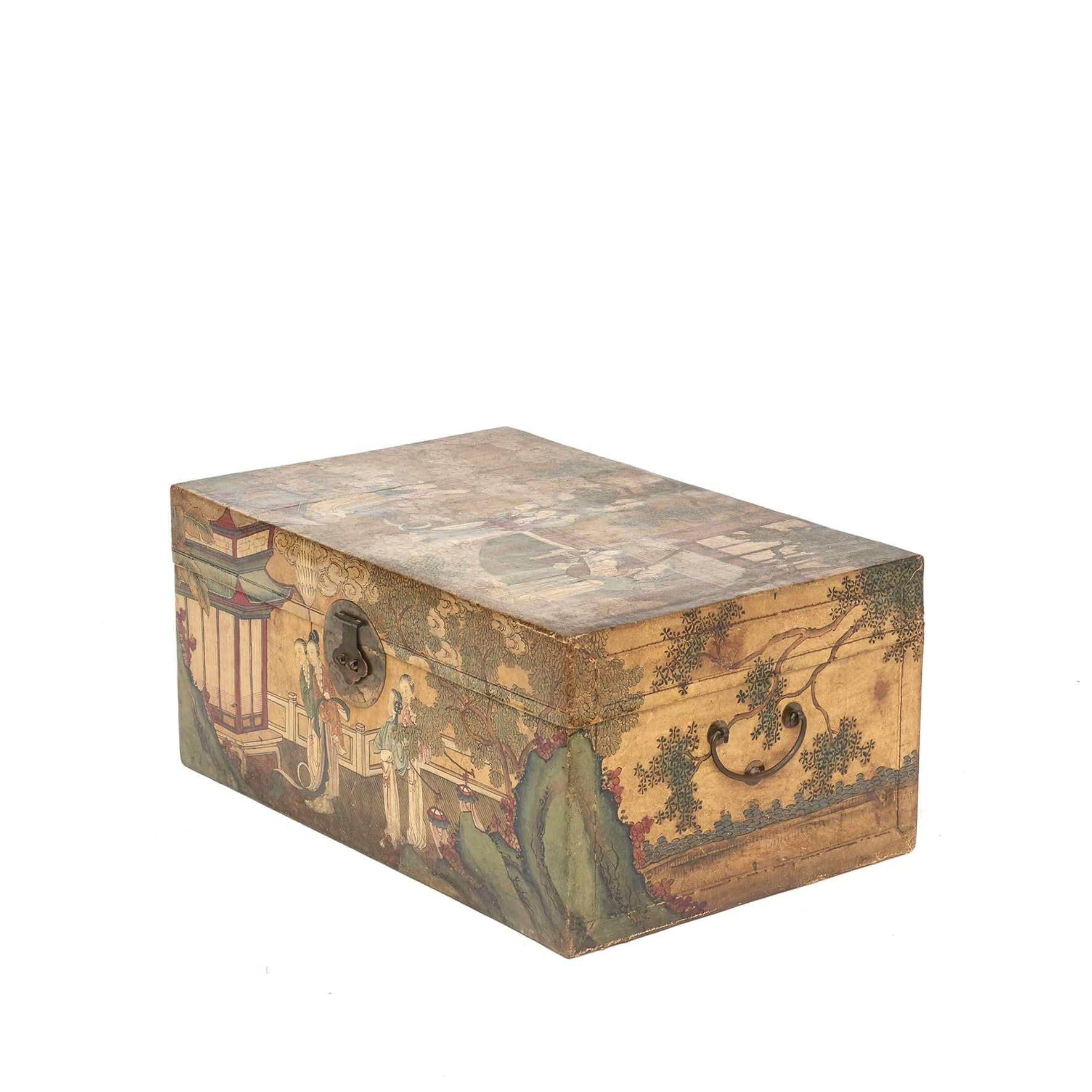 Rare antique 'one of a kind' storage trunk.

Camphor wood lined with leather hand painted on all four sides in classic chinoiserie scenes of women, trees, pavilions etc.
Trunks and storage chests were the most ubiquitous form of household storage