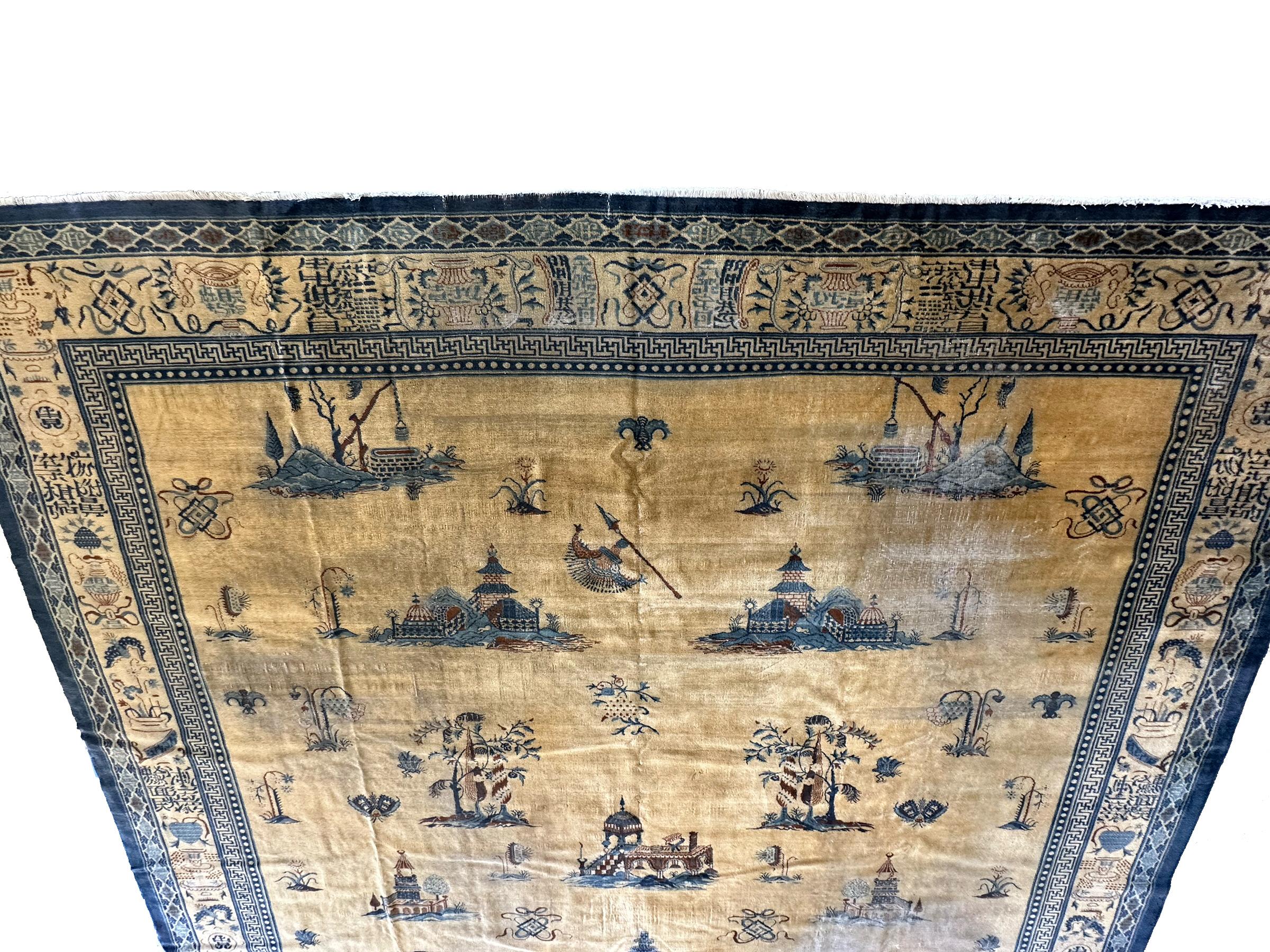Hand-Knotted Rare Antique Chinese Rug Pre-1900 Chinese Symbols 12x15 361cm x 427cm Pre-1900 For Sale