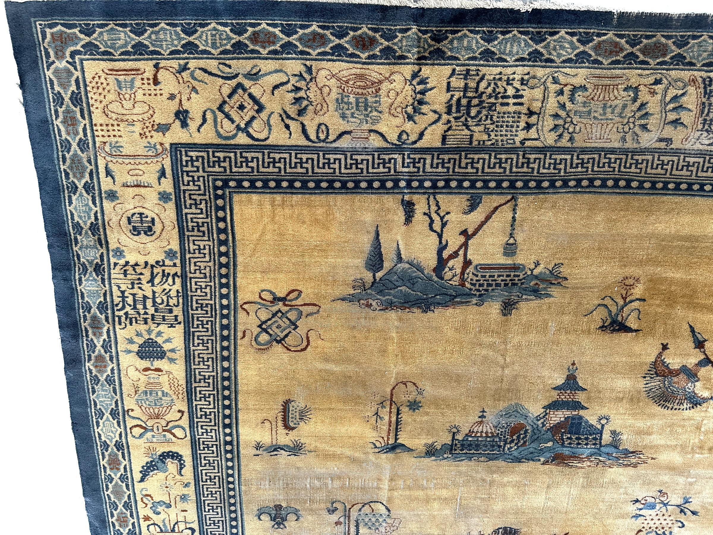 Wool Rare Antique Chinese Rug Pre-1900 Chinese Symbols 12x15 361cm x 427cm Pre-1900 For Sale