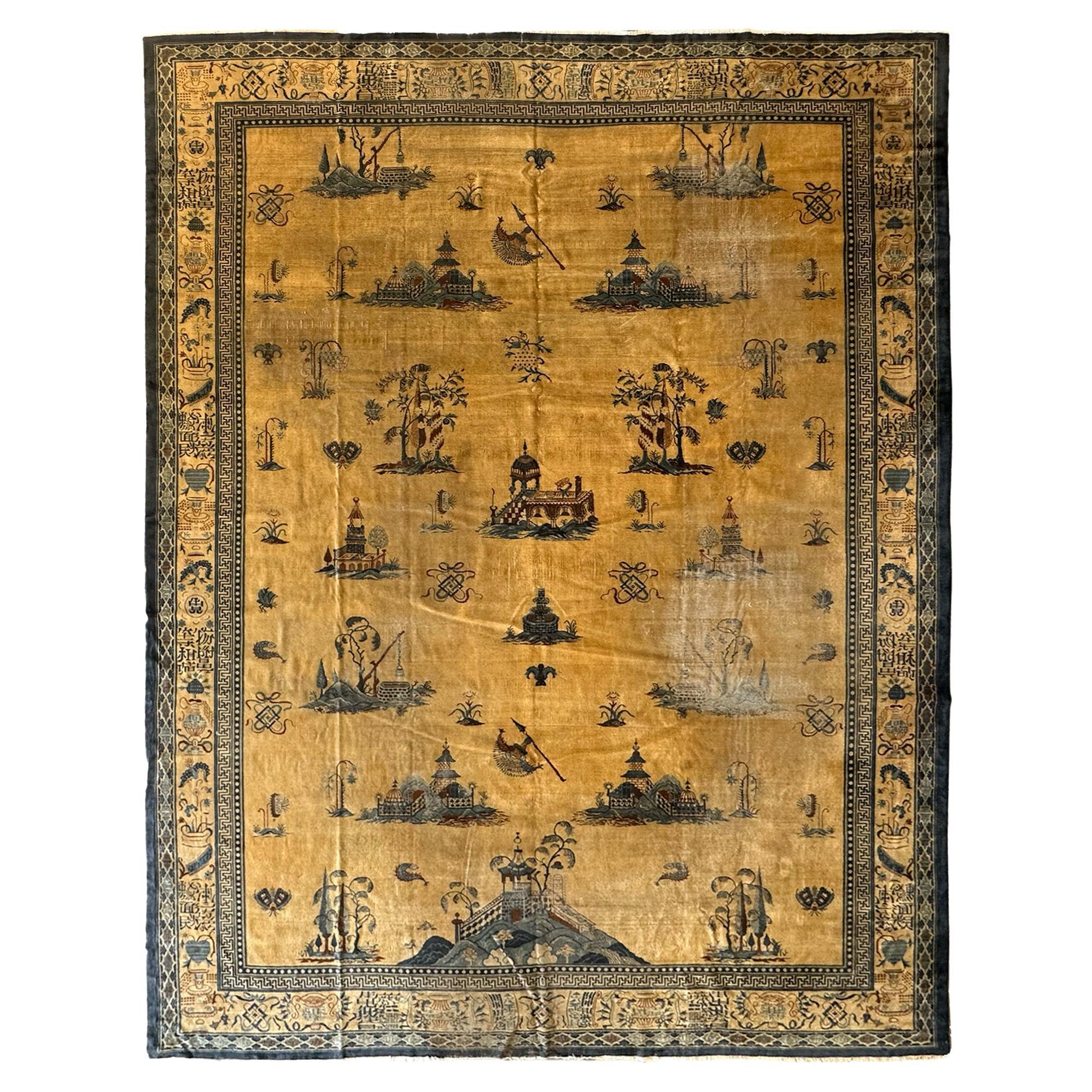 Seltener antiker chinesischer Teppich Pre-1900 Chinesische Symbole 12x15 361cm x 427cm Pre-1900
