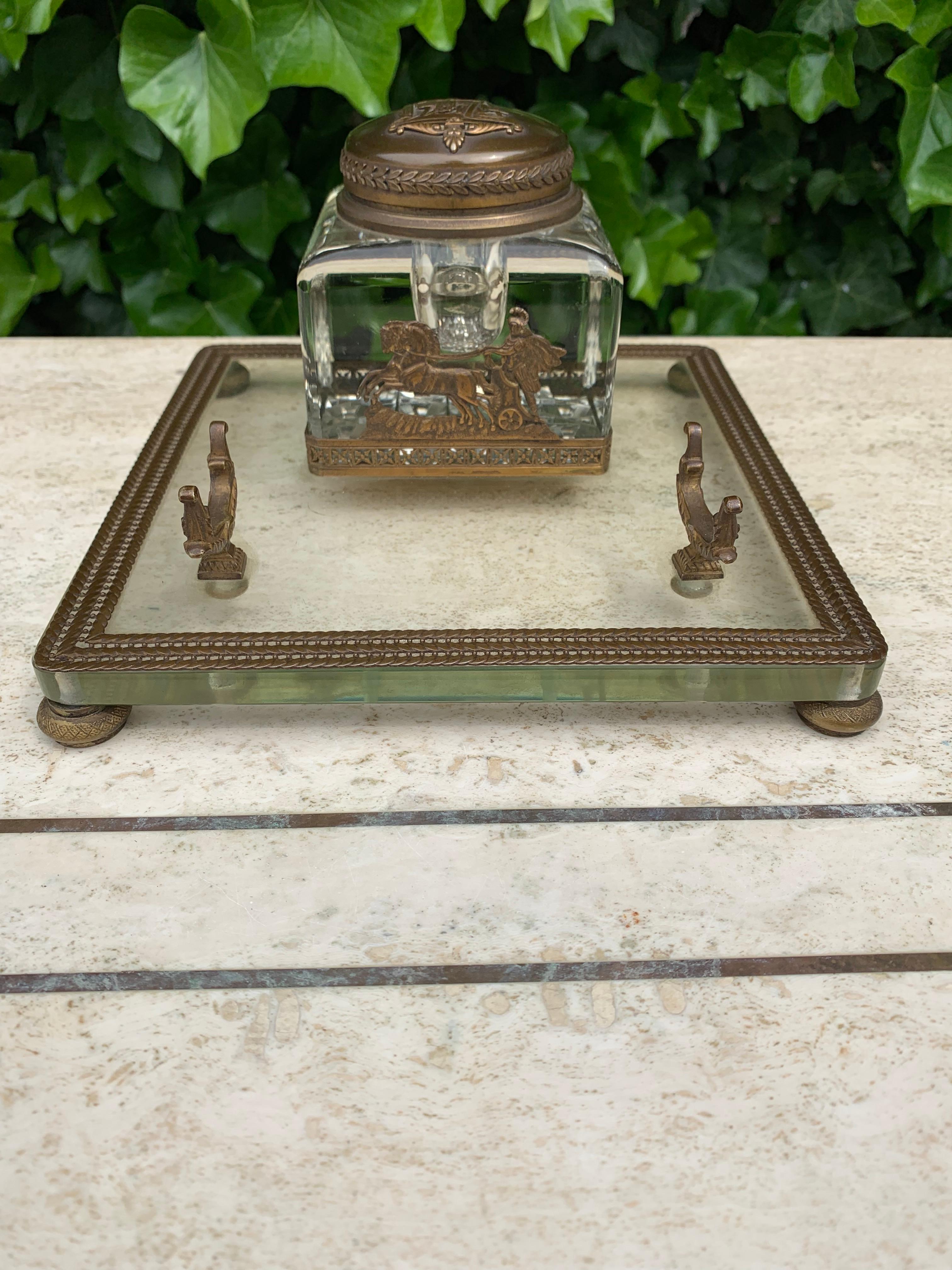 Rare Antique Classical Roman Bronze & Glass Inkstand with Crystal Glass Inkwell For Sale 7