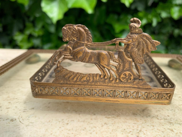 French Rare Antique Classical Roman Bronze & Glass Inkstand with Crystal Glass Inkwell For Sale