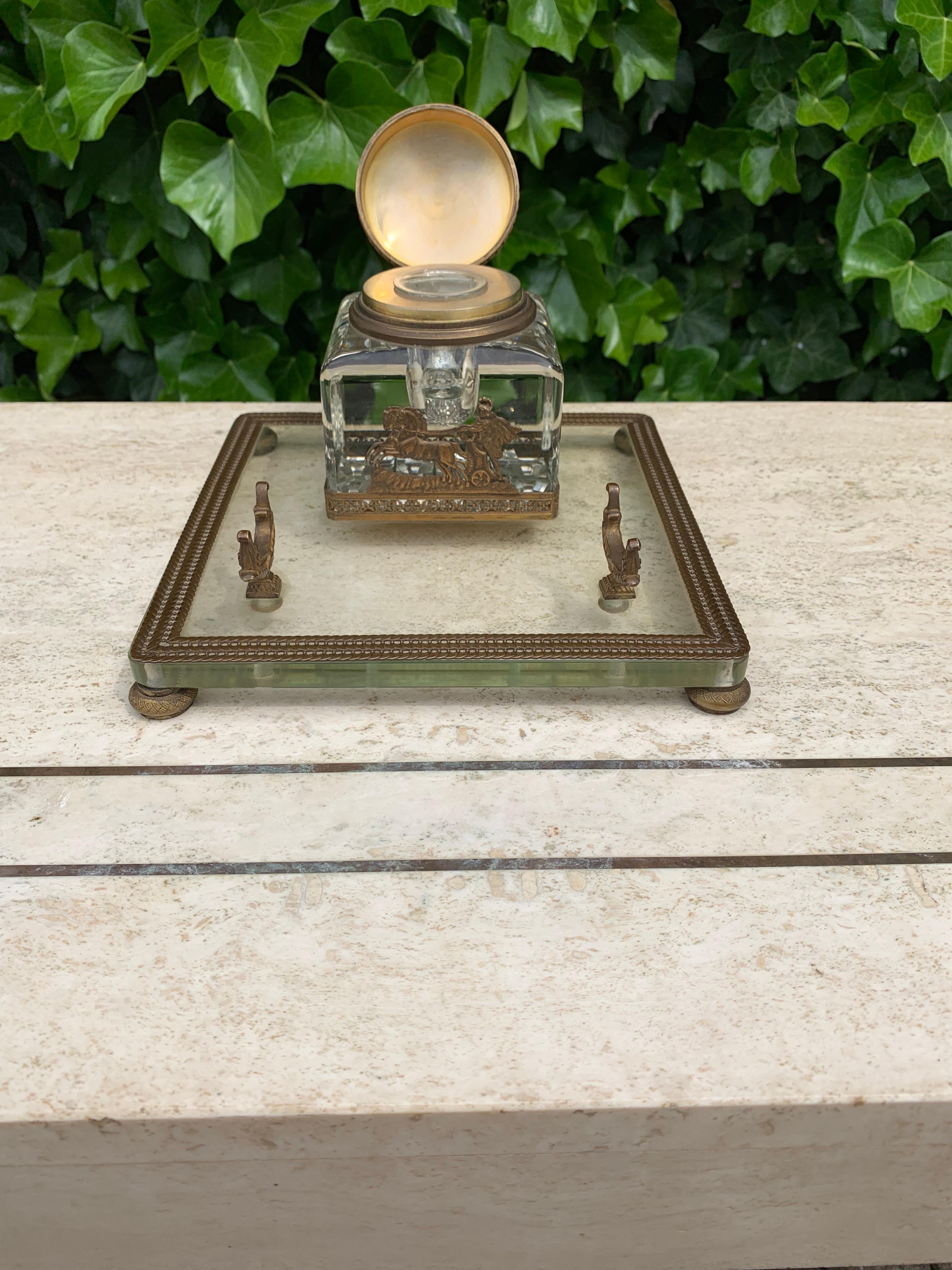 French Rare Antique Classical Roman Bronze & Glass Inkstand with Crystal Glass Inkwell For Sale