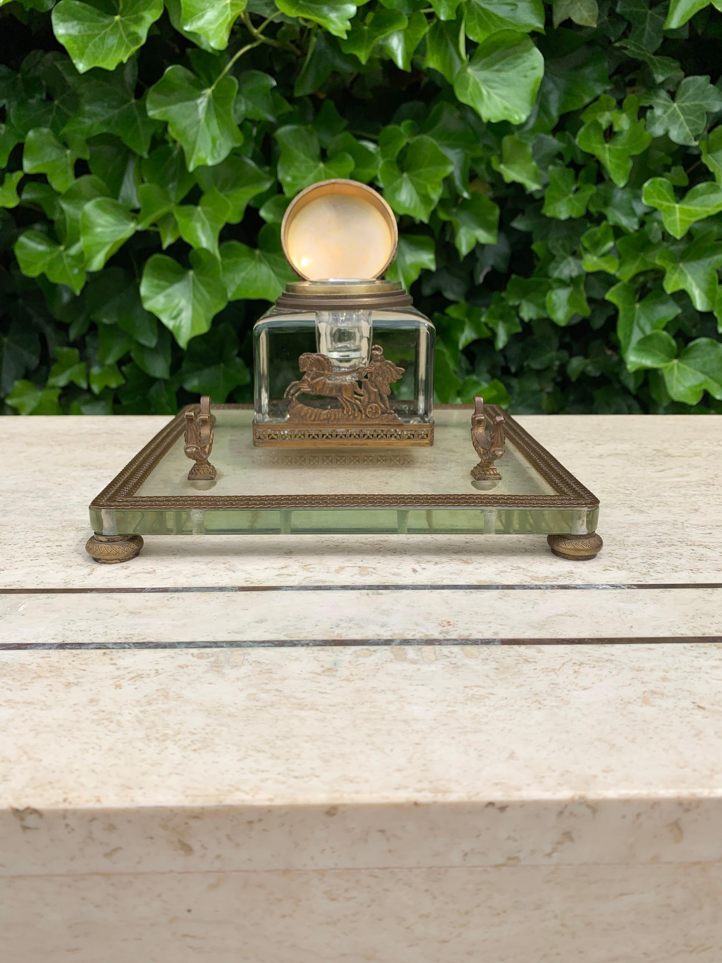 Rare Antique Classical Roman Bronze & Glass Inkstand with Crystal Glass Inkwell In Excellent Condition For Sale In Lisse, NL