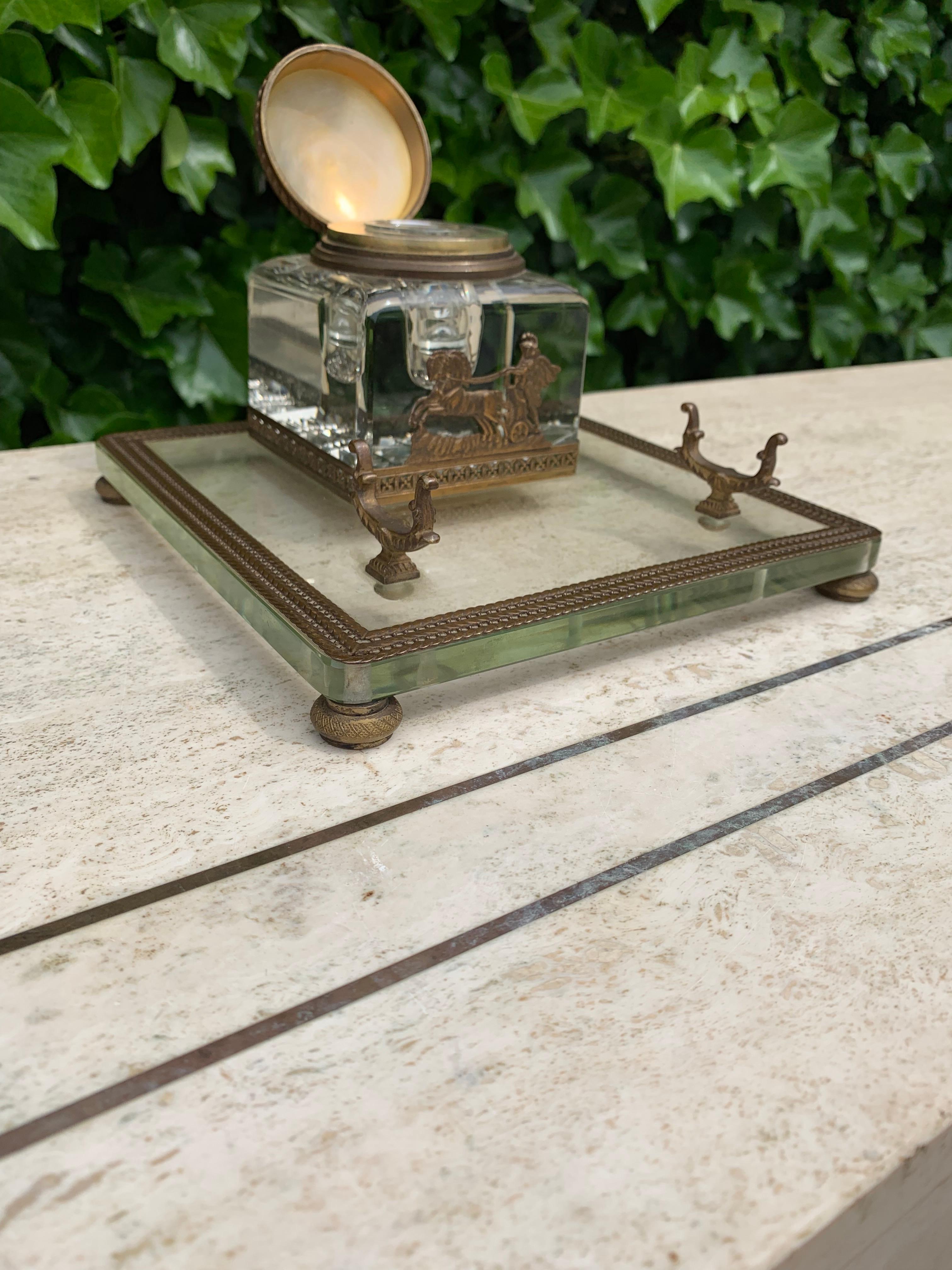 19th Century Rare Antique Classical Roman Bronze & Glass Inkstand with Crystal Glass Inkwell For Sale