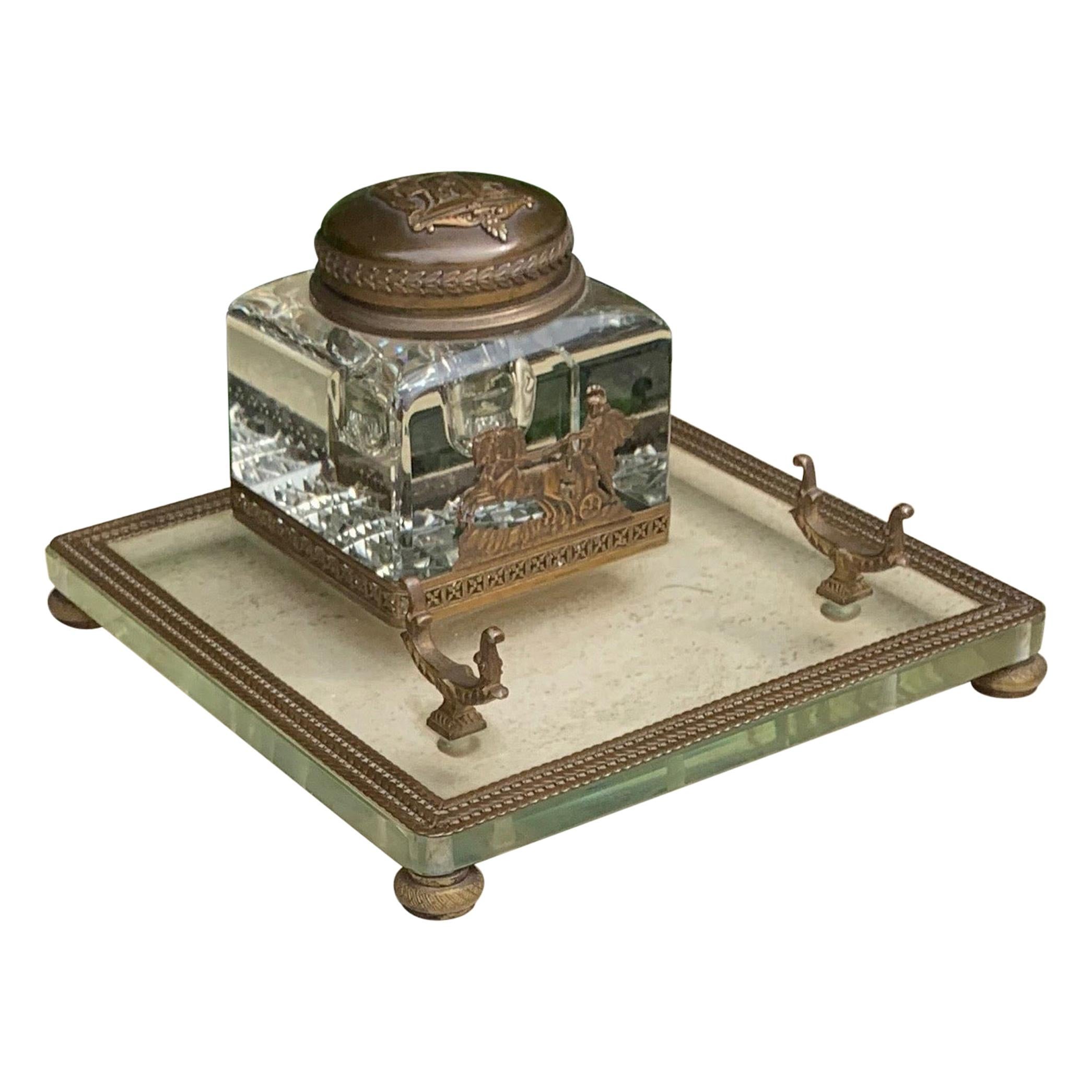 Rare Antique Classical Roman Bronze & Glass Inkstand with Crystal Glass Inkwell For Sale