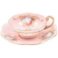 Rare Antique Coalport England Demi Cup & Saucer, Pink Hand Painted Raised Gold