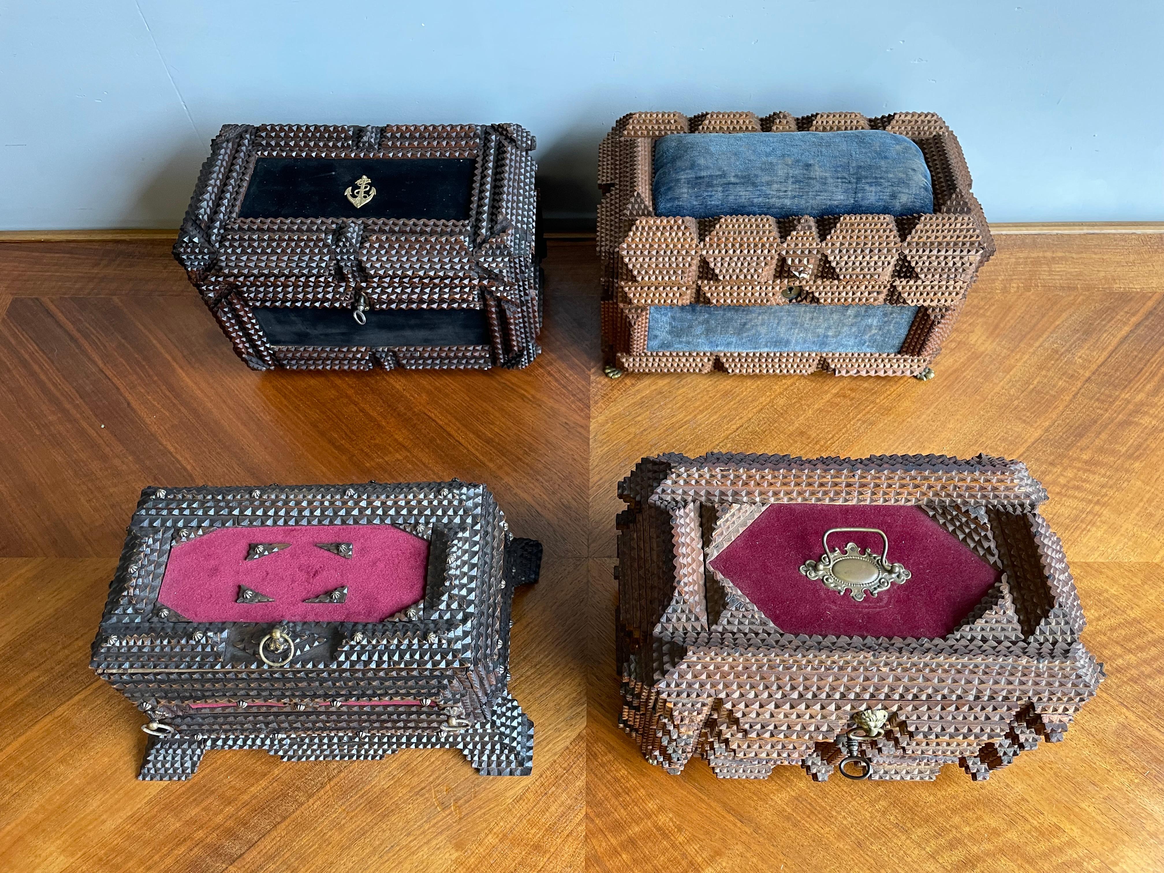 Rare Antique Collection of 4 Four Stunning Mid 1800s Folk Art / Tramp Art Boxes 9