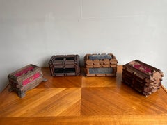 Rare Antique Collection of 4 Four Stunning Mid 1800s Folk Art / Tramp Art Boxes