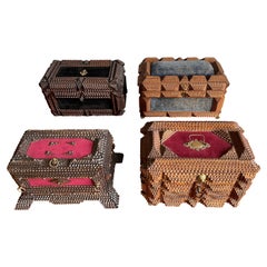 Rare Antique Collection of 4 Four Stunning Mid 1800s Folk Art / Tramp Art Boxes