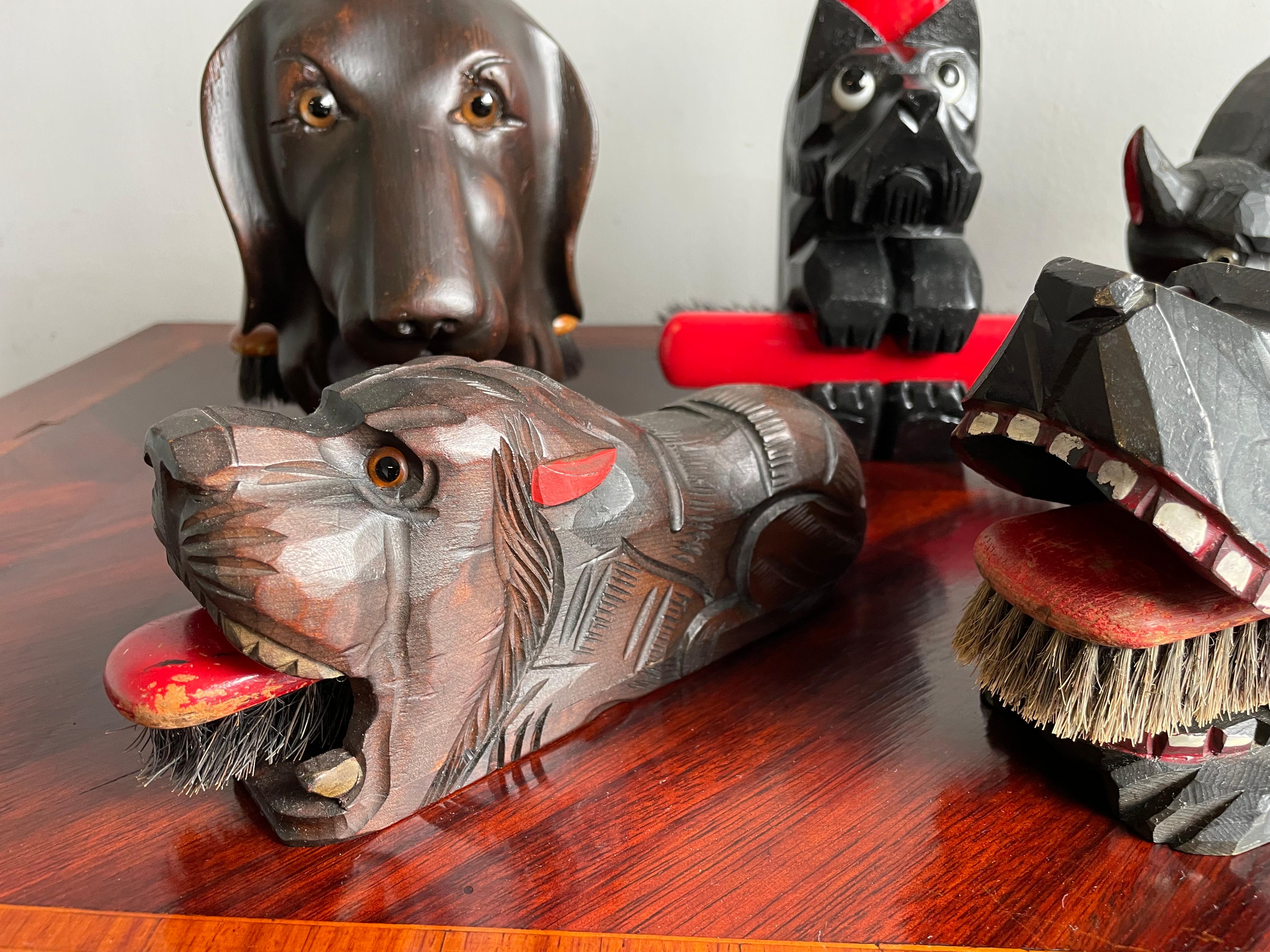 Rare Antique Collection of Folk Art Brush Holders w. Brushes Dogs, Cat and Bird For Sale 4