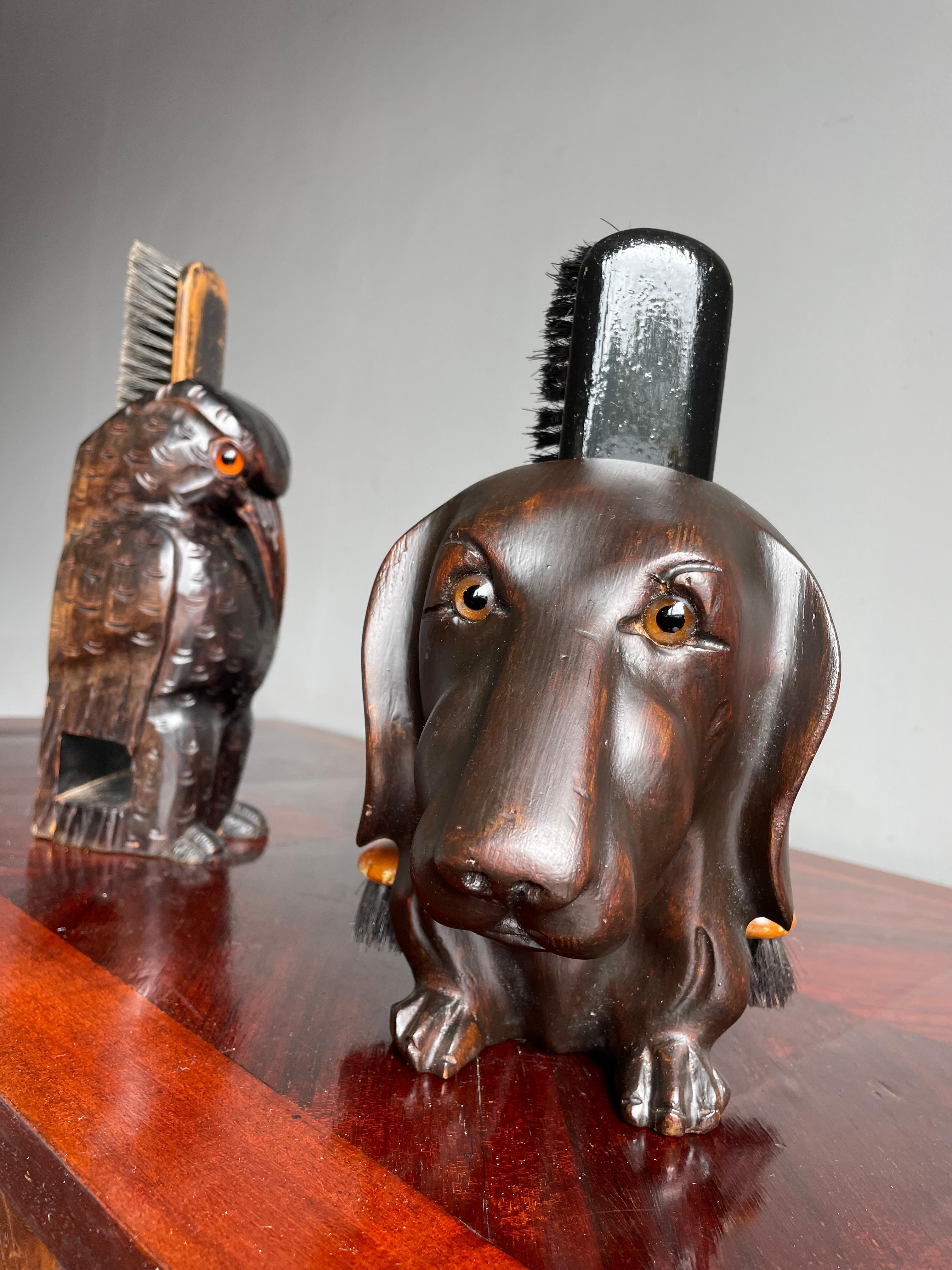 Rare Antique Collection of Folk Art Brush Holders w. Brushes Dogs, Cat and Bird For Sale 7