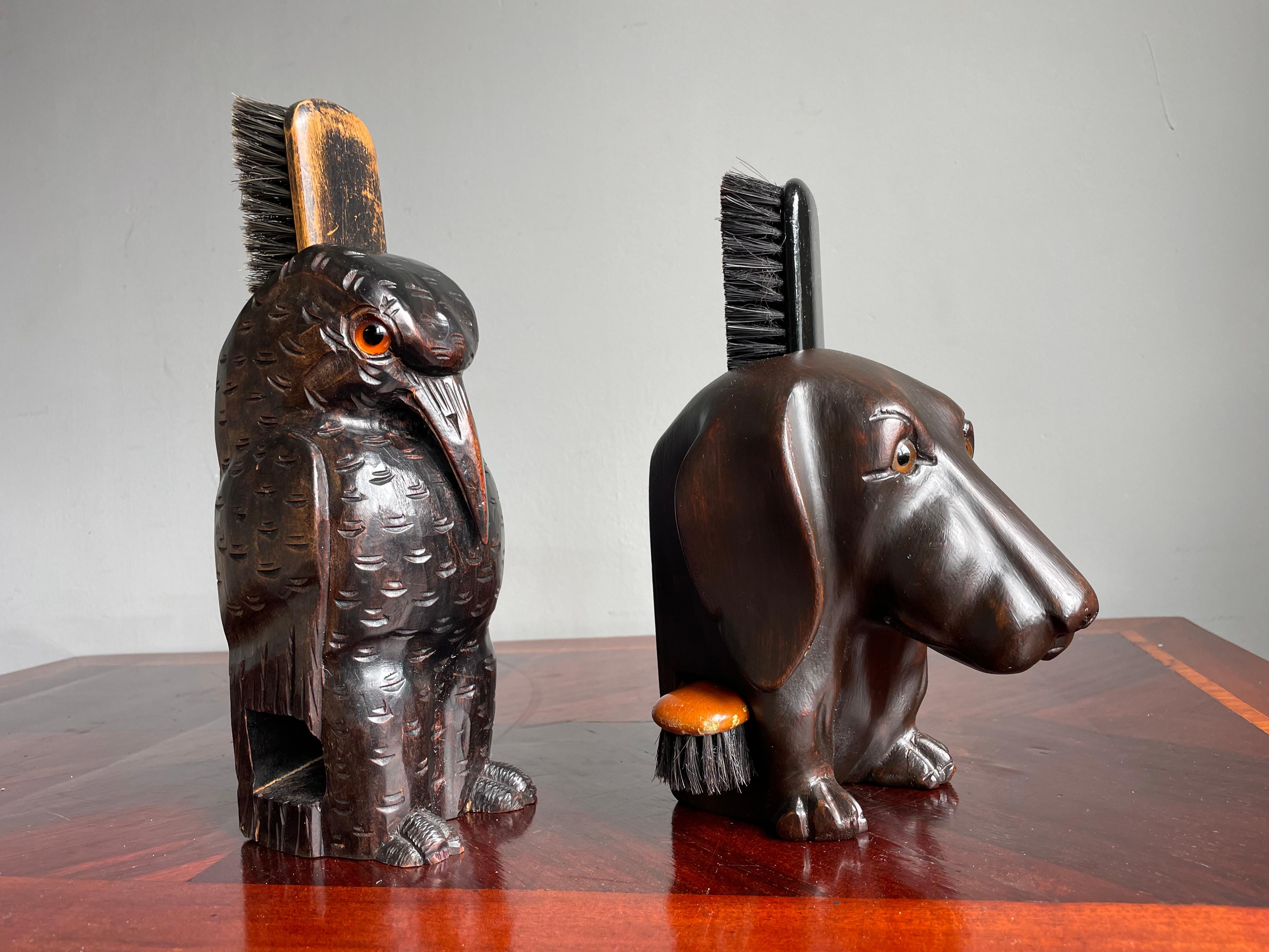 Rare Antique Collection of Folk Art Brush Holders w. Brushes Dogs, Cat and Bird For Sale 8
