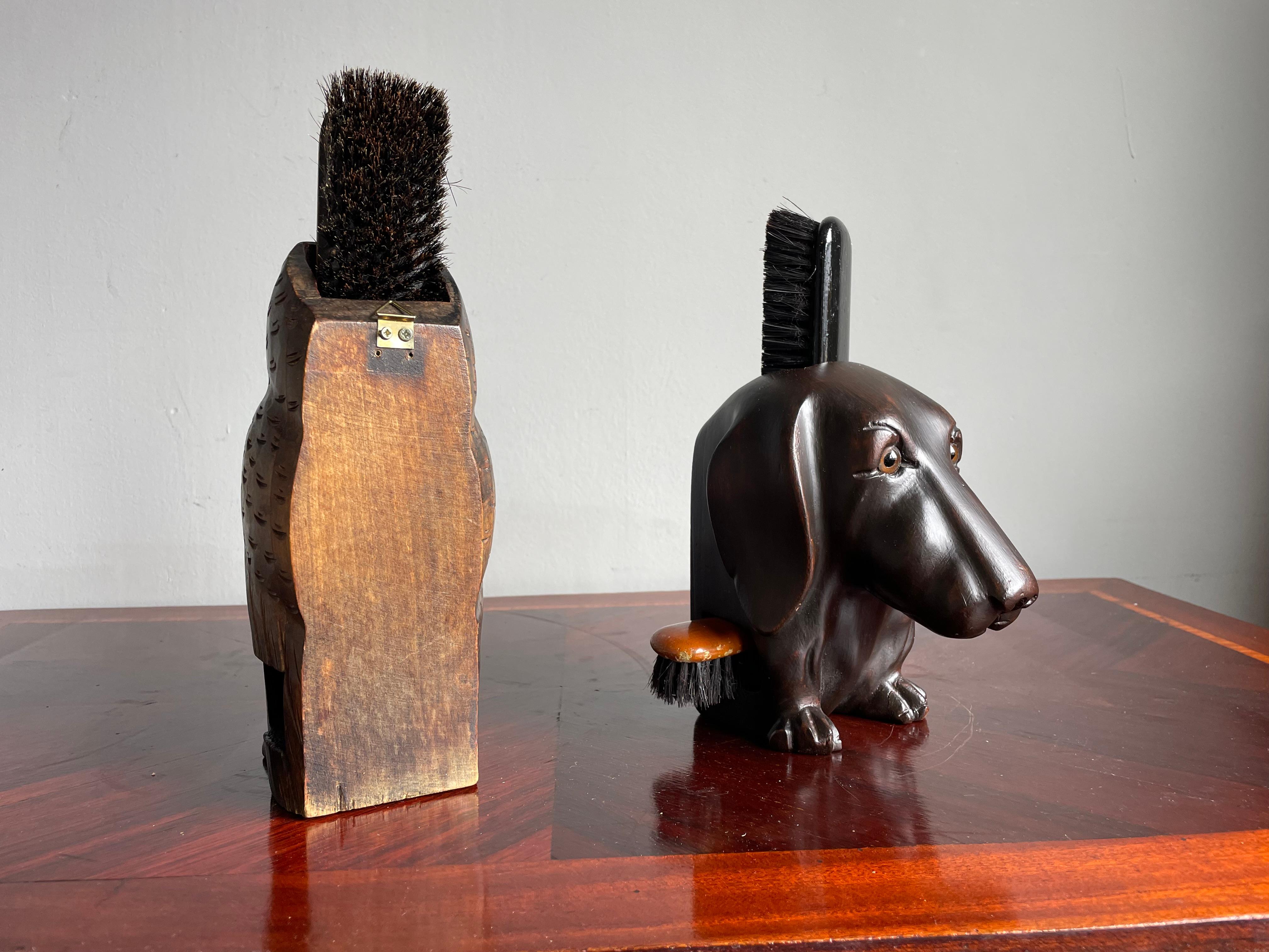 Rare Antique Collection of Folk Art Brush Holders w. Brushes Dogs, Cat and Bird For Sale 9