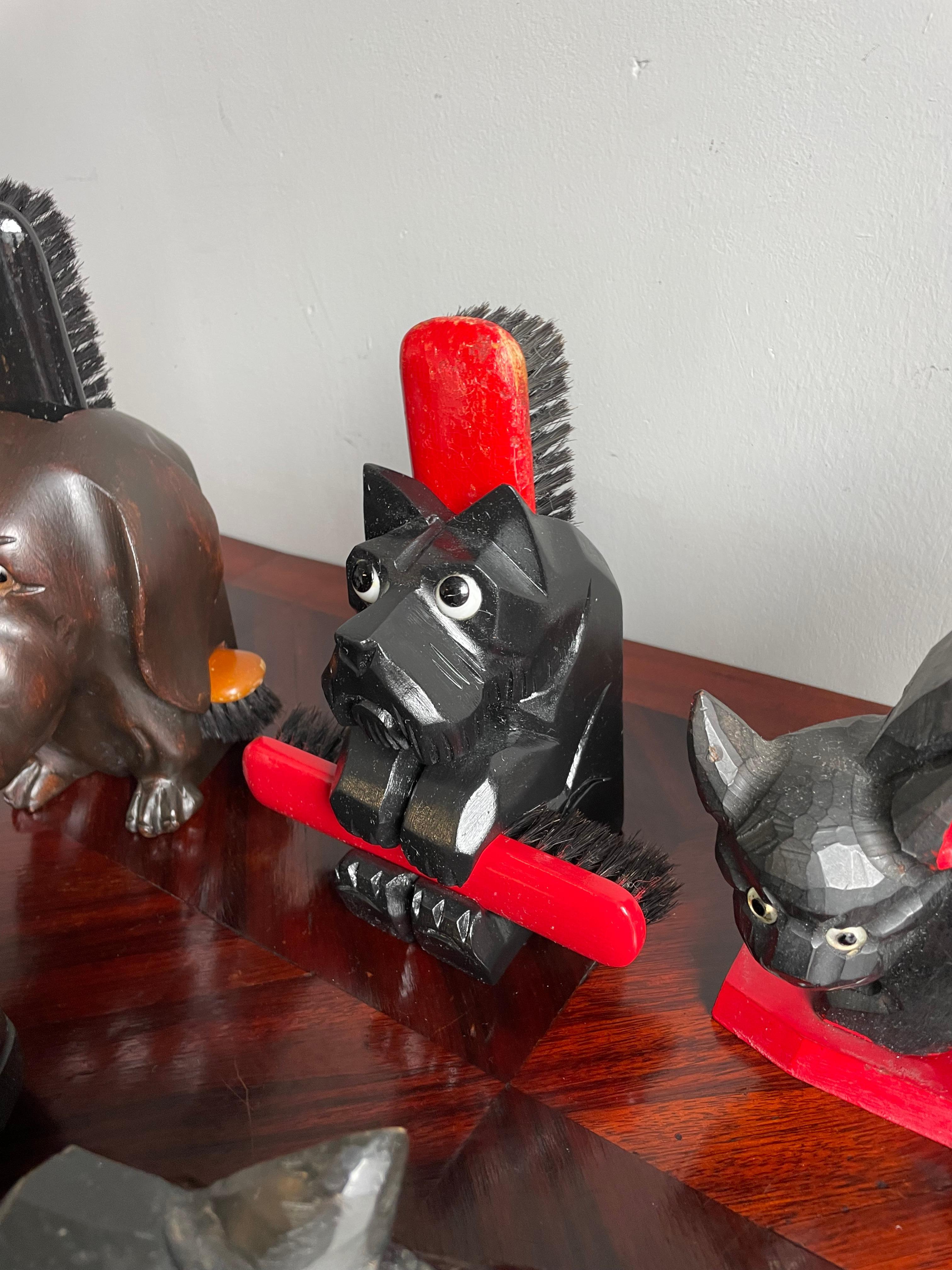 Hand-Carved Rare Antique Collection of Folk Art Brush Holders w. Brushes Dogs, Cat and Bird For Sale