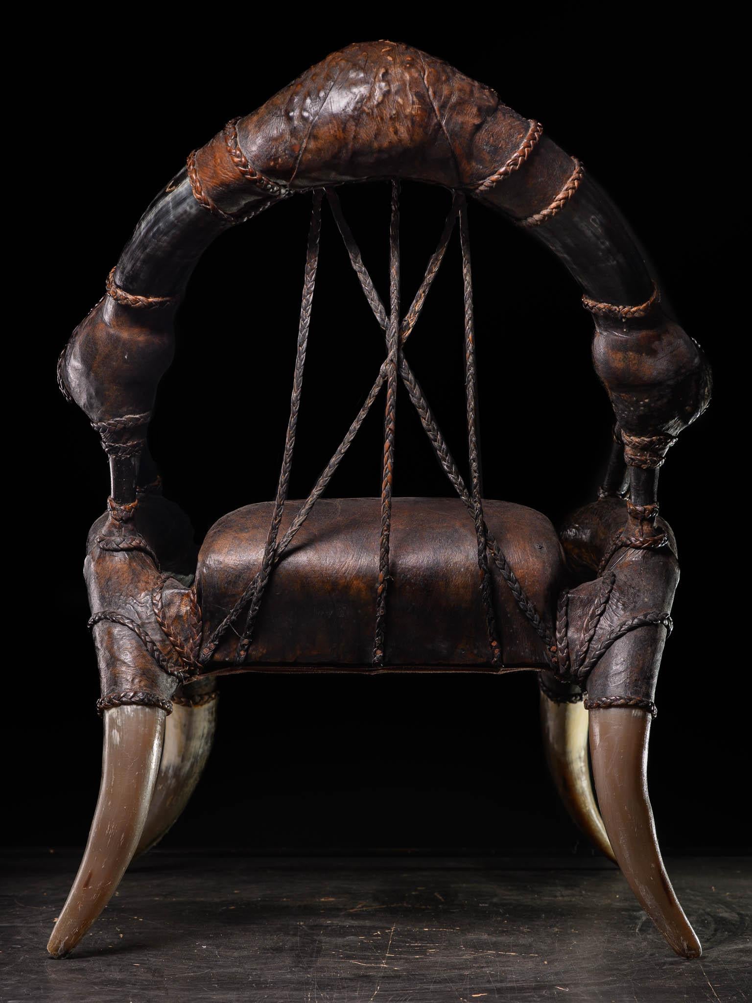 20th Century Rare antique colonial African Leather & Horn Throne Armchair For Sale