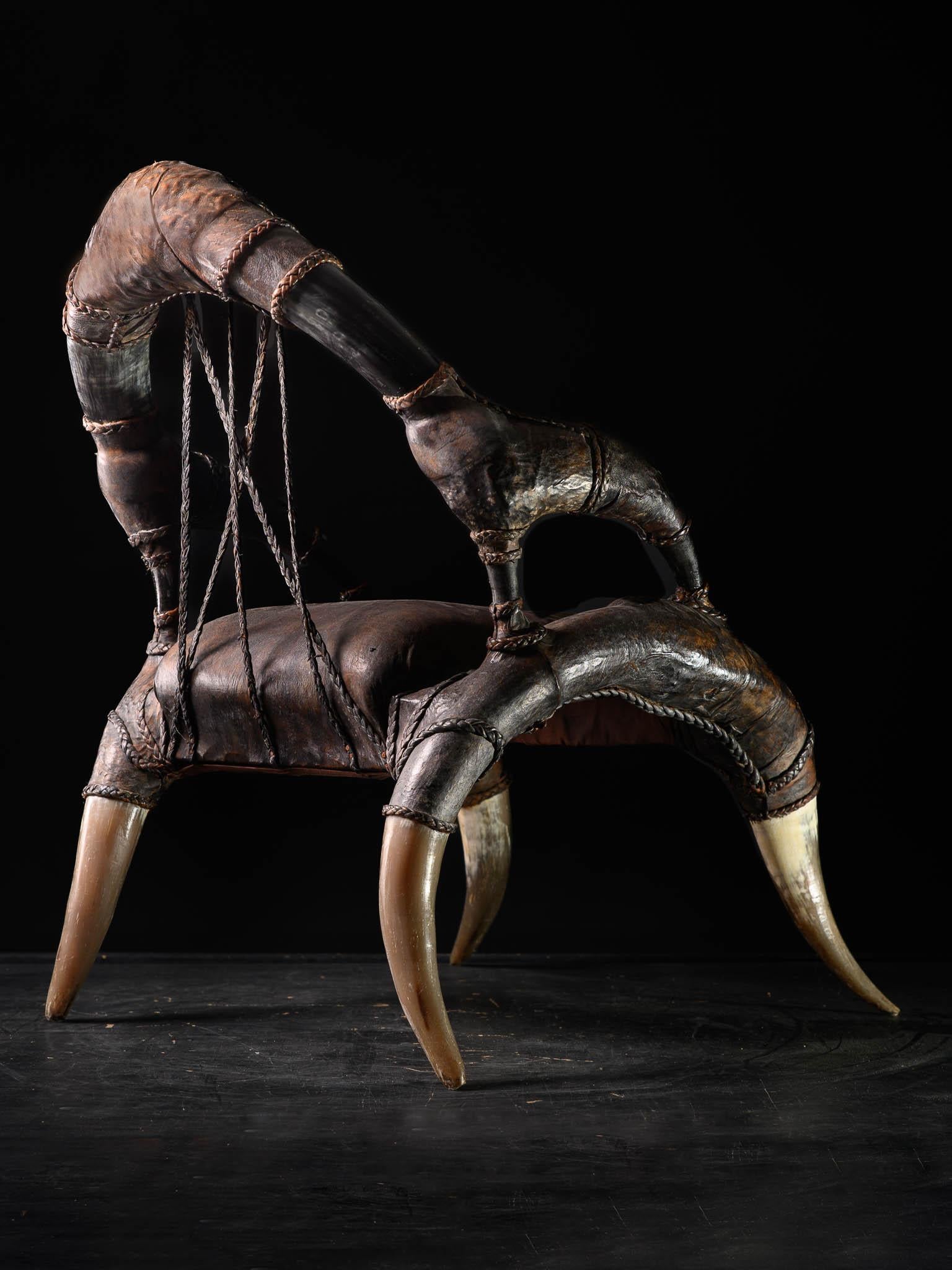 Rare antique colonial African Leather & Horn Throne Armchair For Sale 1