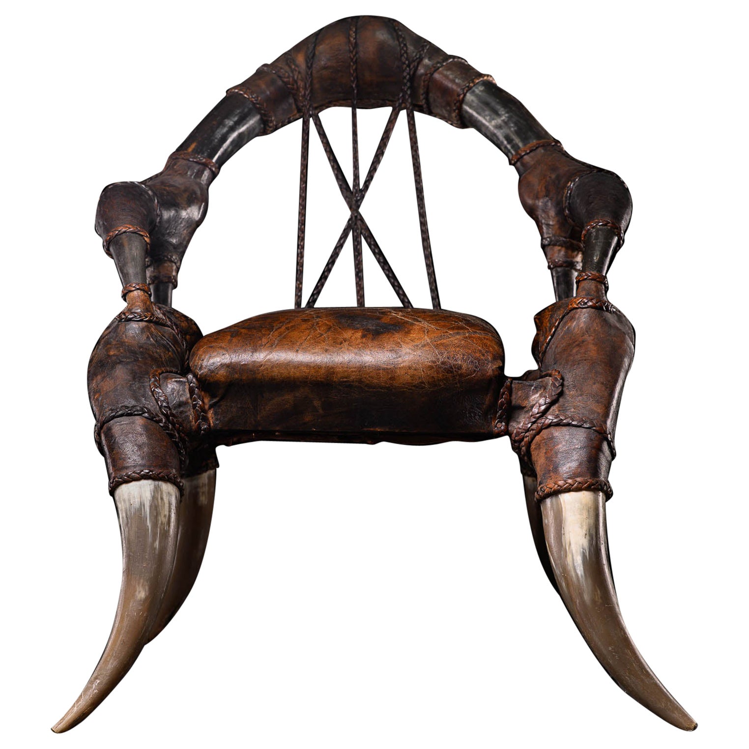 Rara e antica poltrona coloniale africana in pelle e Horn