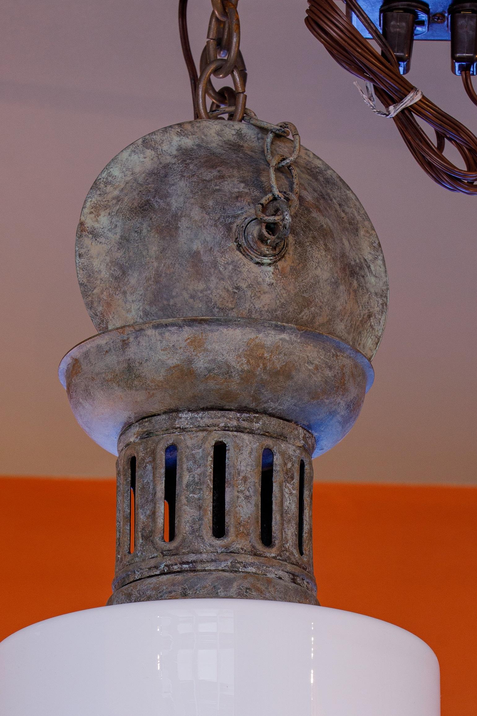Schoolhouse Rare, Antique Copper and Milk Glass Pendant For Sale