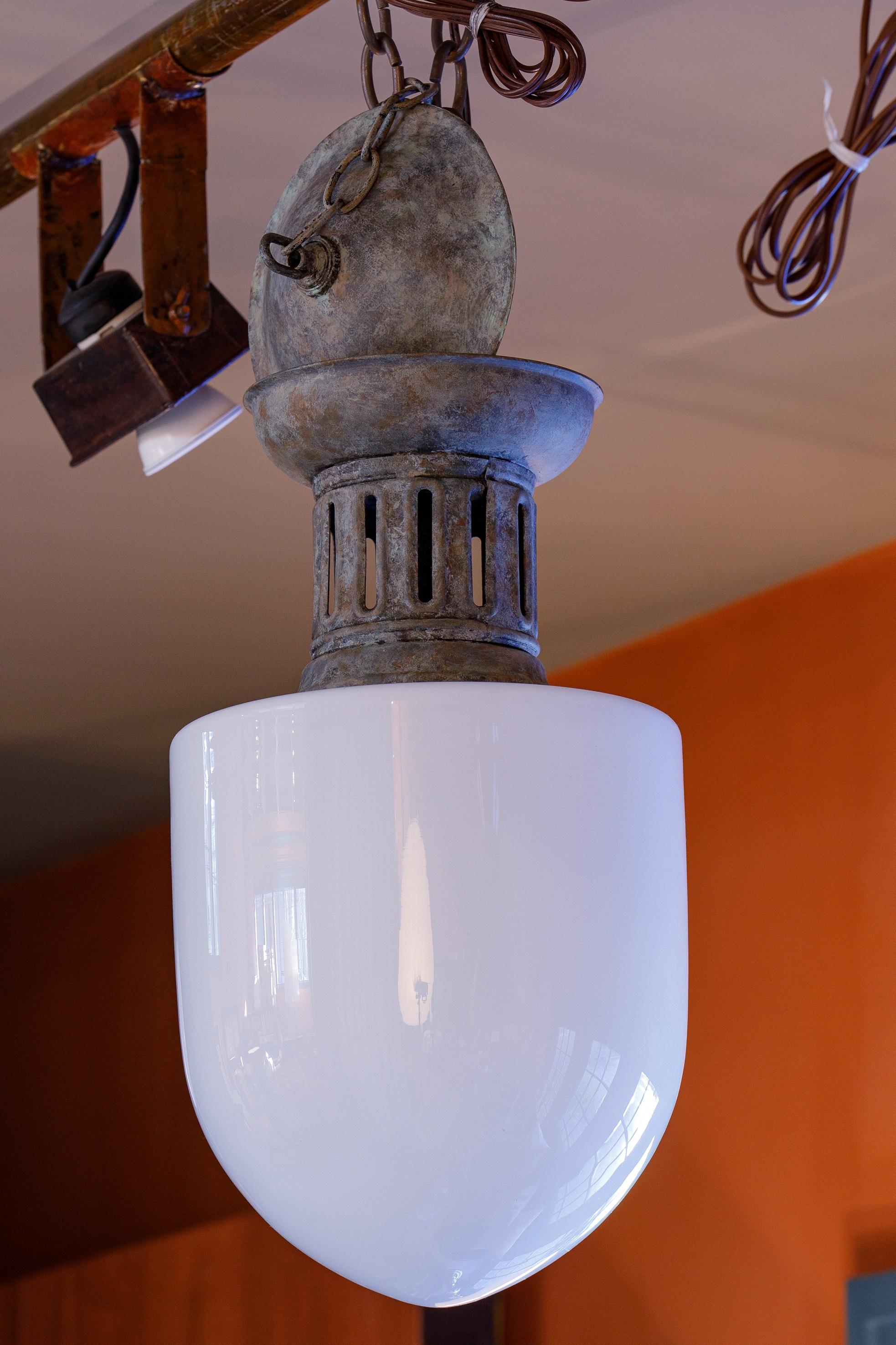 Belgian Rare, Antique Copper and Milk Glass Pendant For Sale