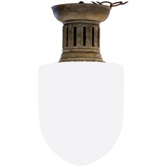 Seltene, antike Pendelleuchte aus Kupfer und Milchglas