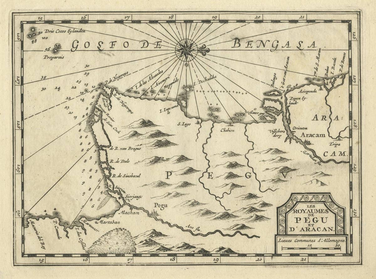 Rare Antique Copper Engraving of a Map of Pegu and Arakan, Burma (Myanmar), 1714