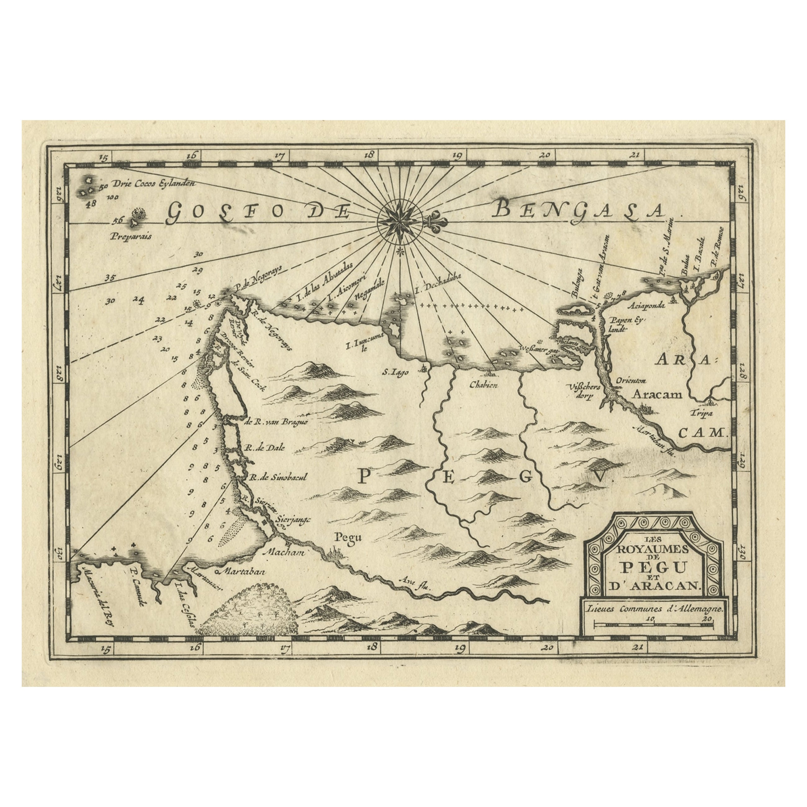 Rara incisione antica in rame di una mappa di Pegu e Arakan, Birmania (Myanmar), 1714
