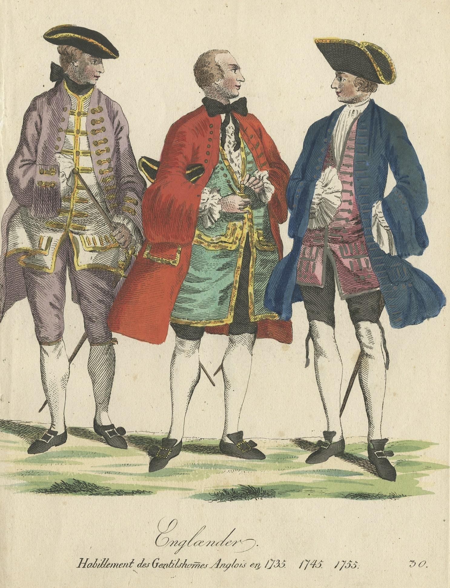 Rare Antique Costume Print Showing Three Gentlemen from England, 1805 In Good Condition For Sale In Langweer, NL