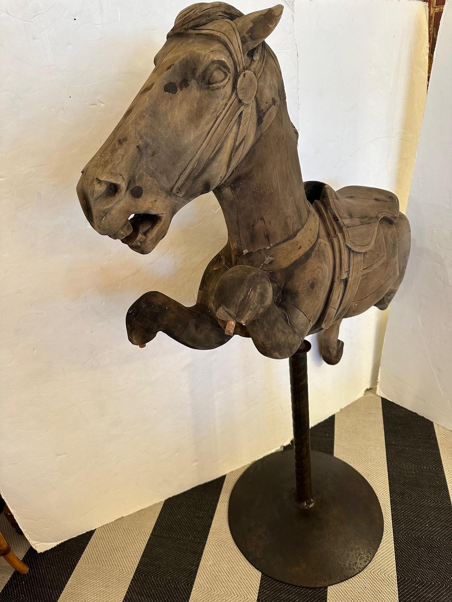 Rare Antique Distressed Carousel Horse on Iron Stand Sculpture For Sale 4