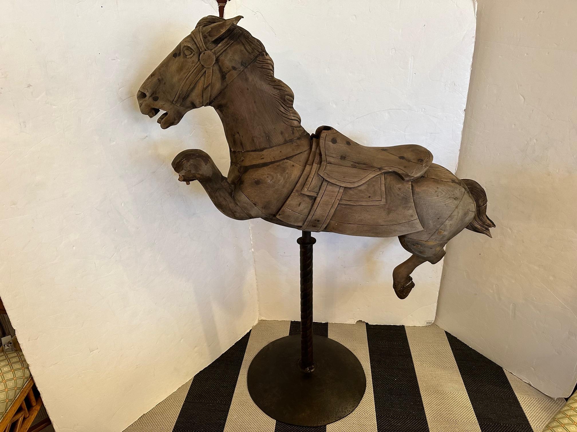 Rare Antique Distressed Carousel Horse on Iron Stand Sculpture For Sale 9