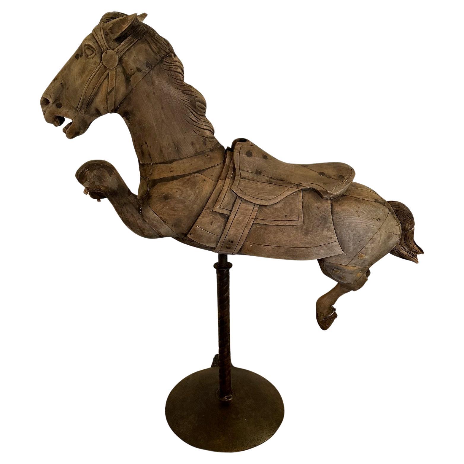 Rare Antique Distressed Carousel Horse on Iron Stand Sculpture