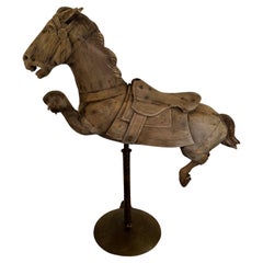 Rare Vintage Distressed Carousel Horse on Iron Stand Sculpture