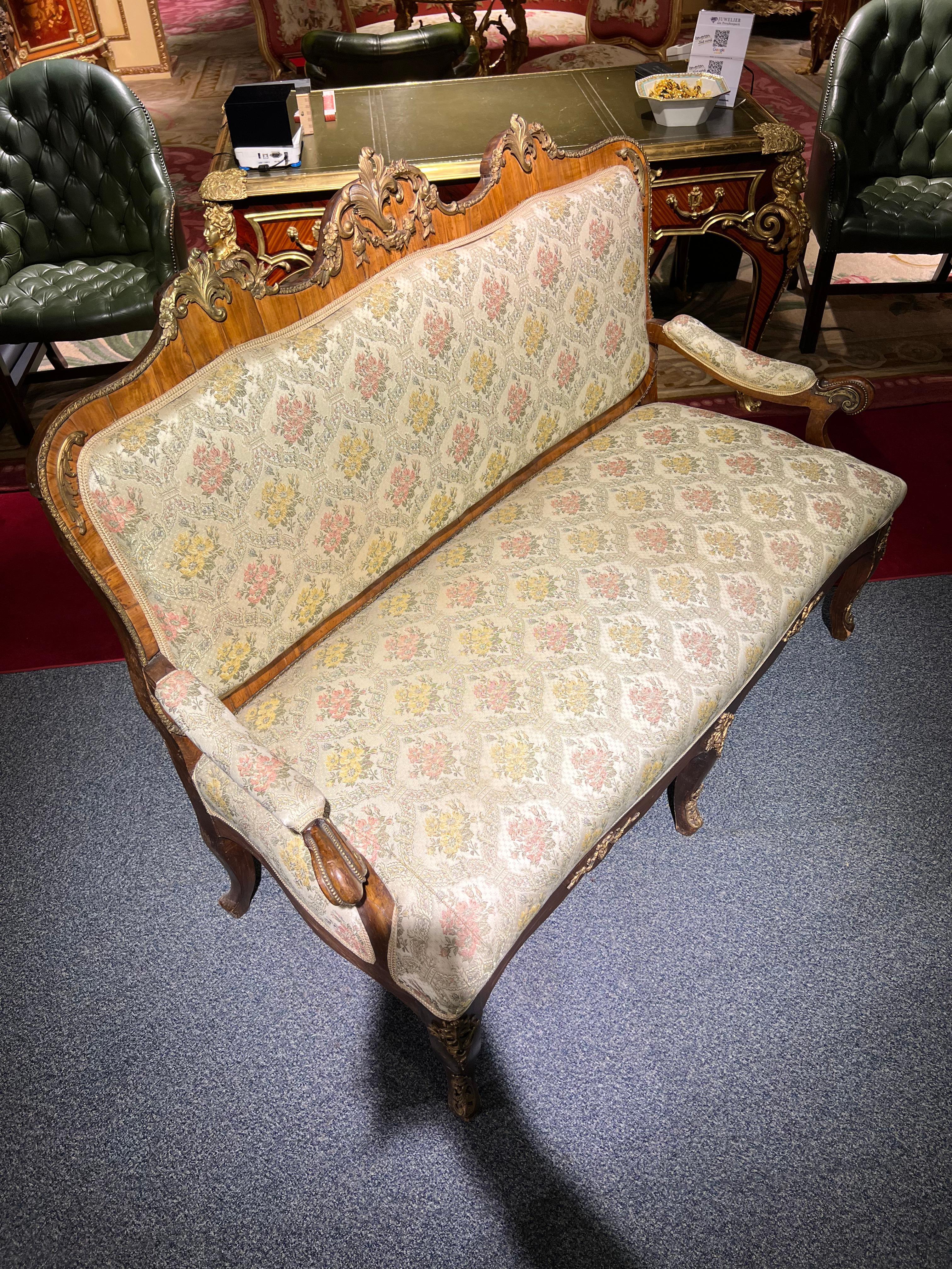 Seltenes antikes dresden-Barock-Sofa / Couch aus bronziertem massivem Nussbaumfurnier 1880 im Angebot 4