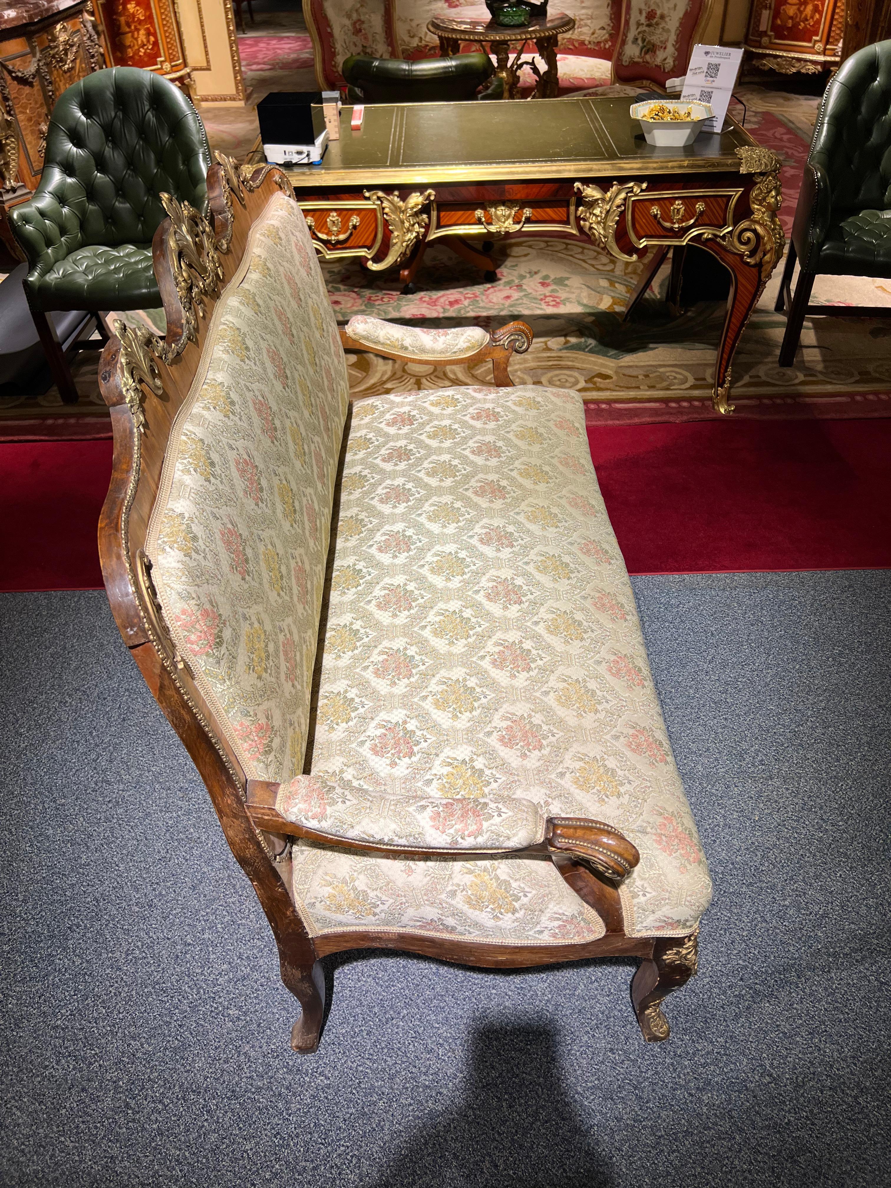 Seltenes antikes dresden-Barock-Sofa / Couch aus bronziertem massivem Nussbaumfurnier 1880 im Angebot 5