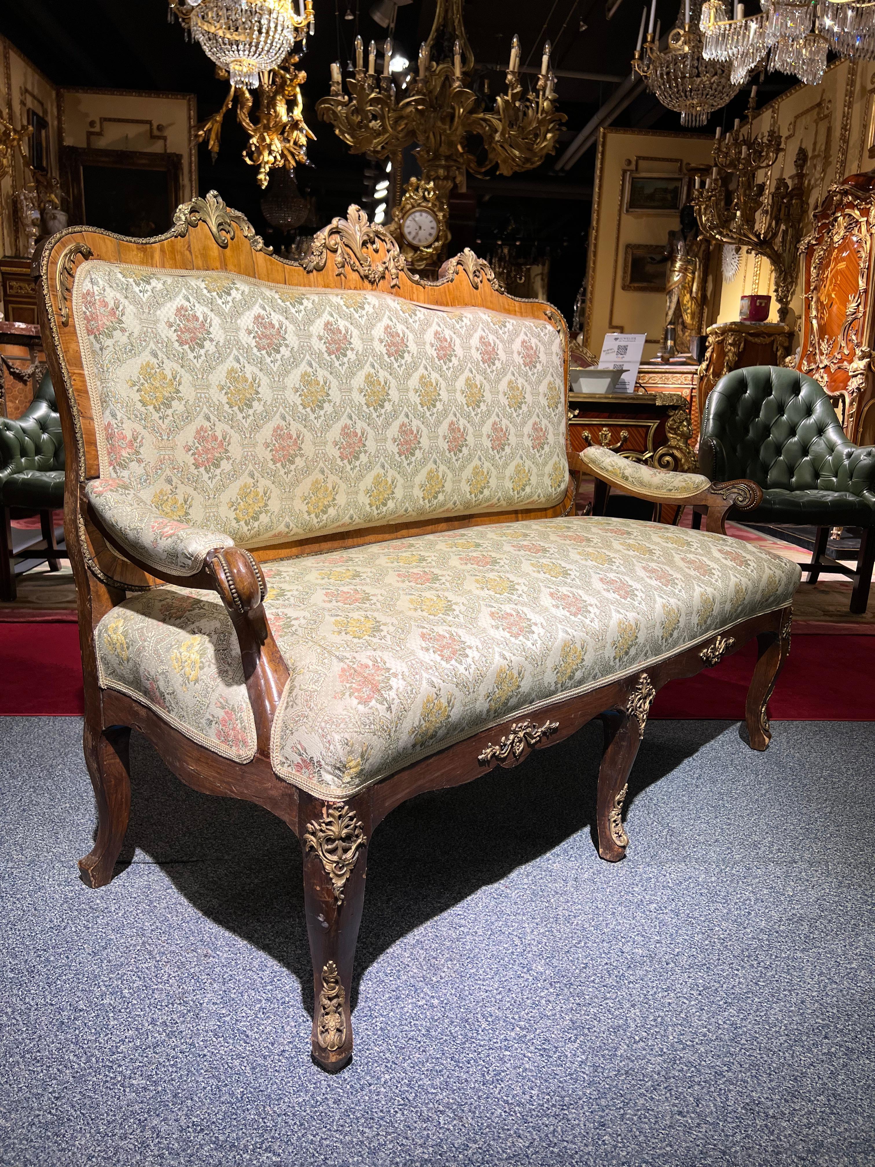 Seltenes antikes dresden-Barock-Sofa / Couch aus bronziertem massivem Nussbaumfurnier 1880 im Angebot 9
