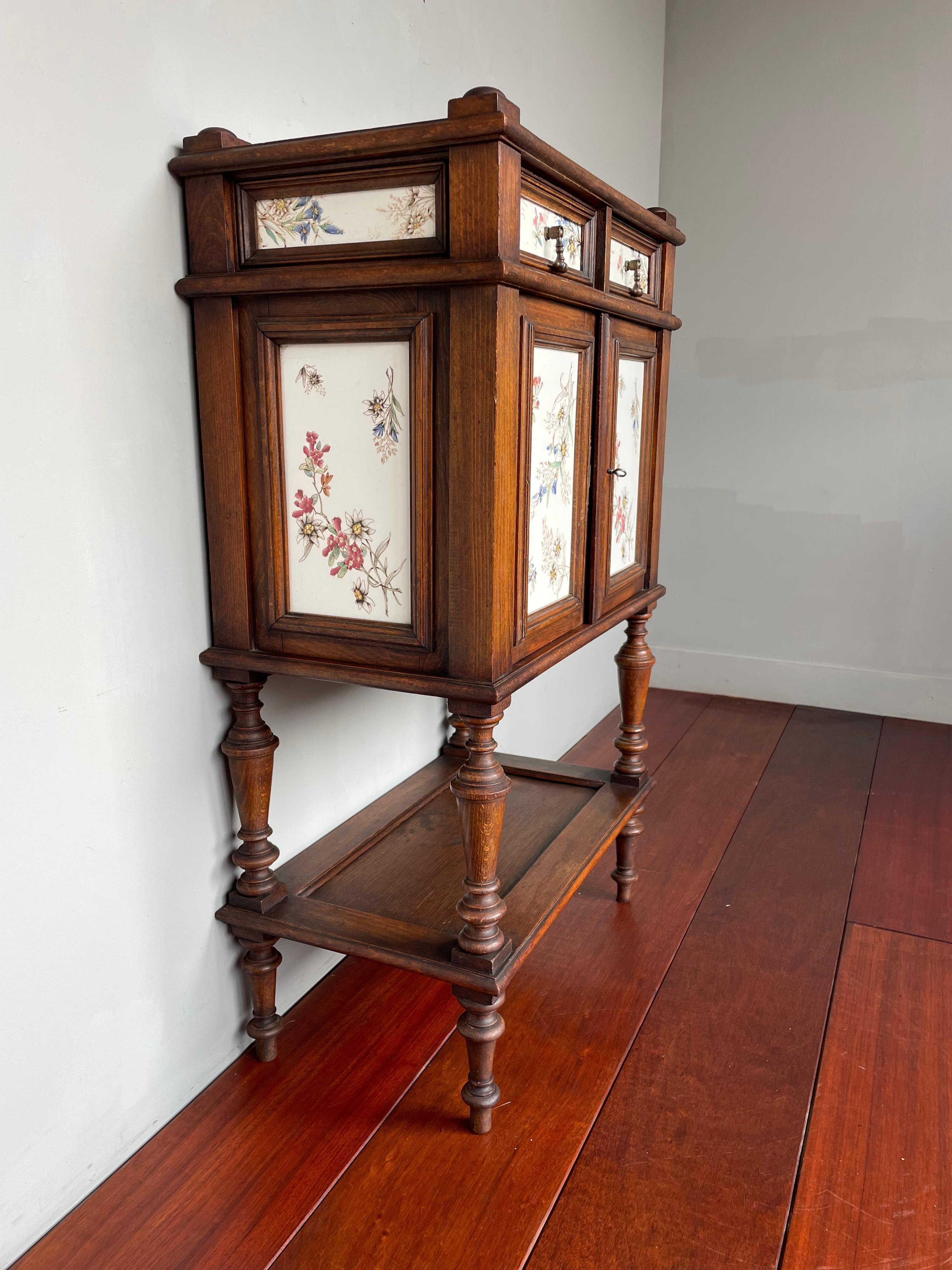 European Rare Antique Drinks Cabinet w. Many Inlaid, Hand Painted and Glazed Tiles ca1900 For Sale