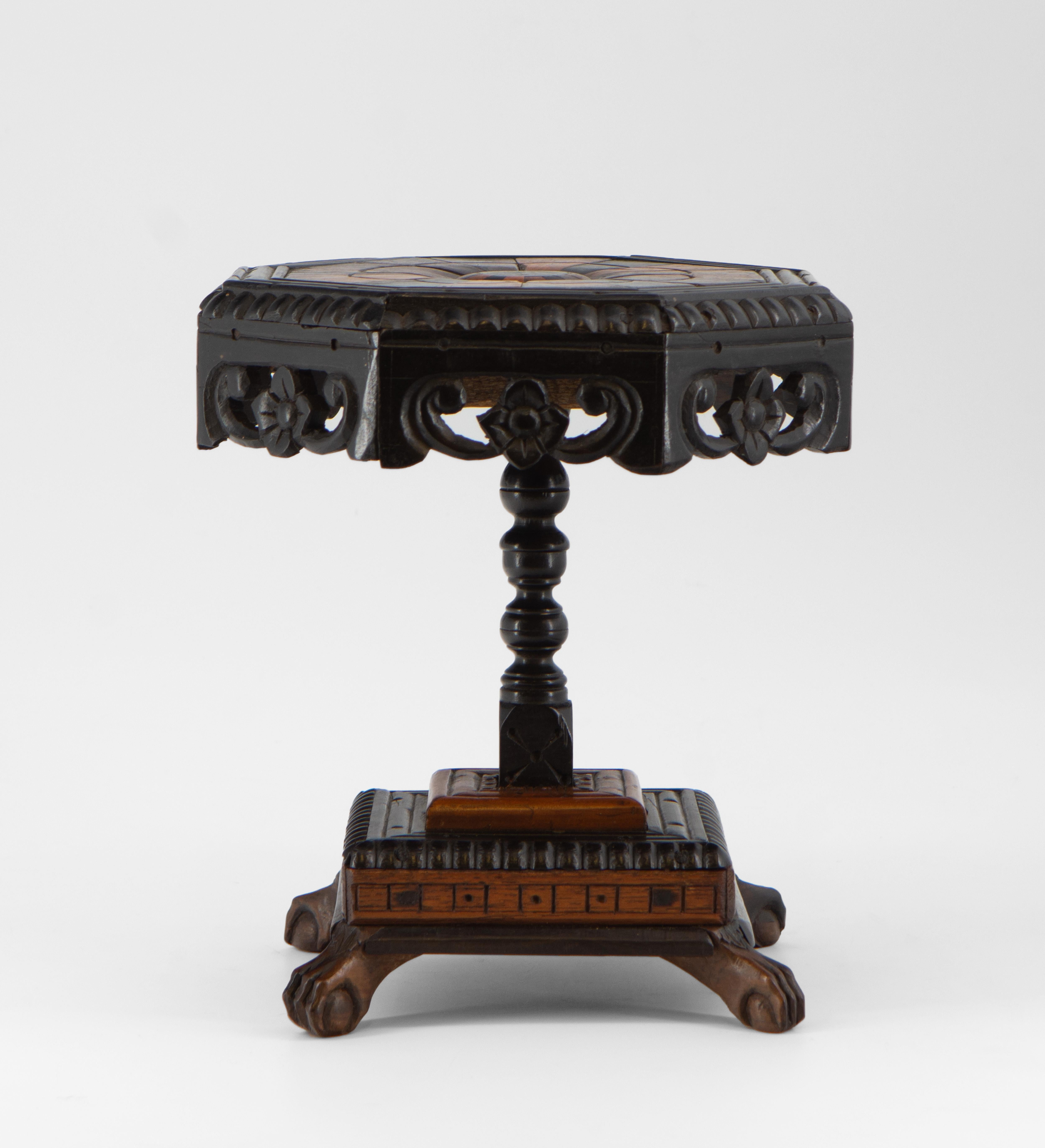 Anglo-Indian Rare Antique Ebony And Specimen Wood Ceylonese Miniature Octagonal Table For Sale