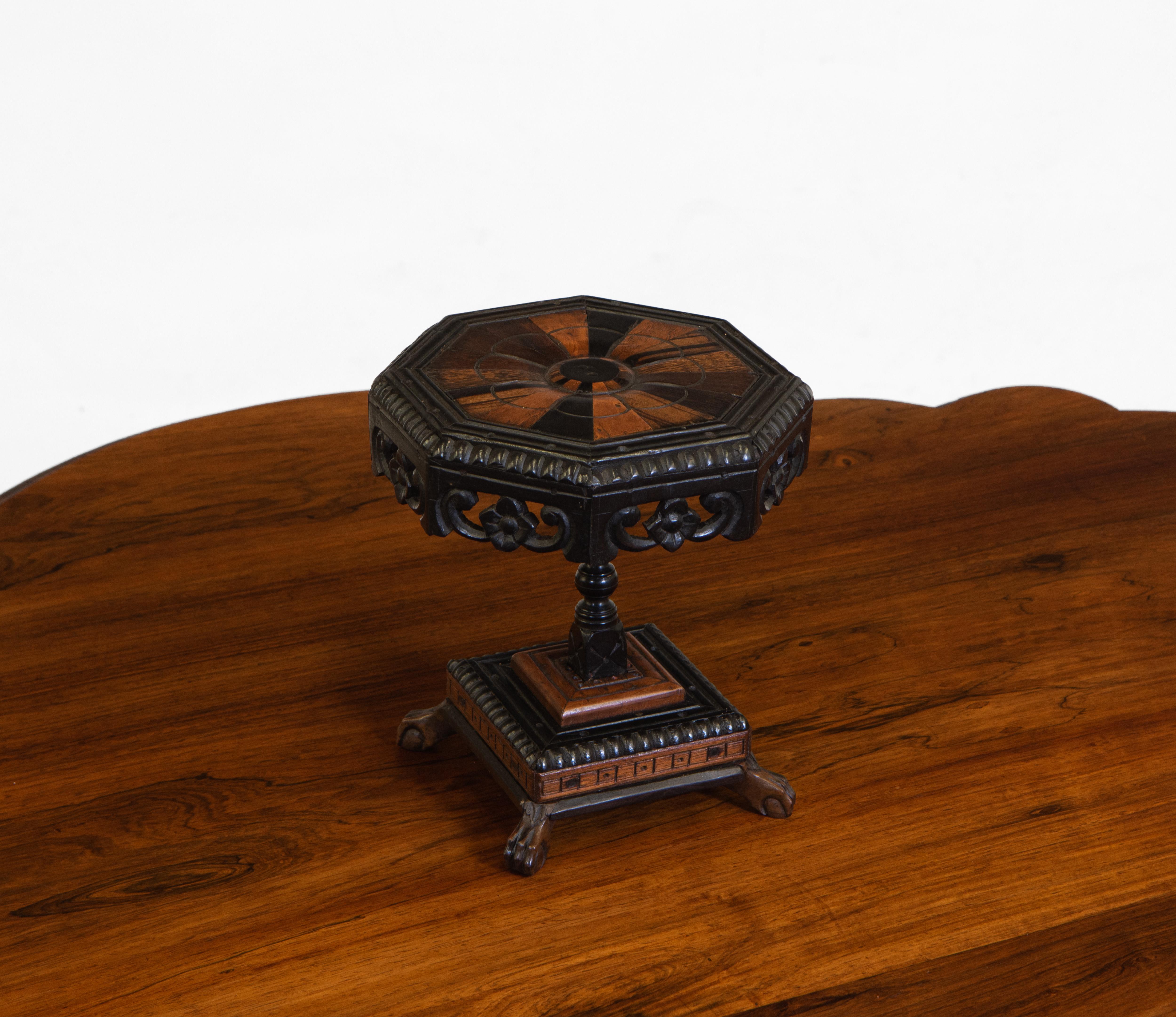Sri Lankan Rare Antique Ebony And Specimen Wood Ceylonese Miniature Octagonal Table For Sale